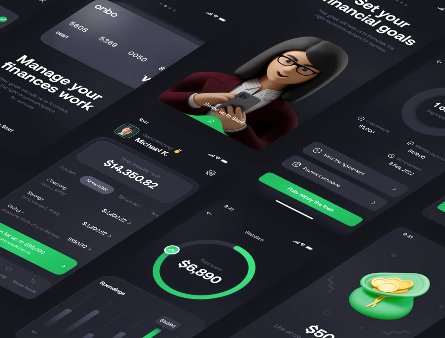 Fintech app screens in isometric view