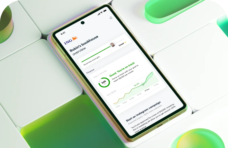 Mobile phone with a fintech app lying on a 3D background