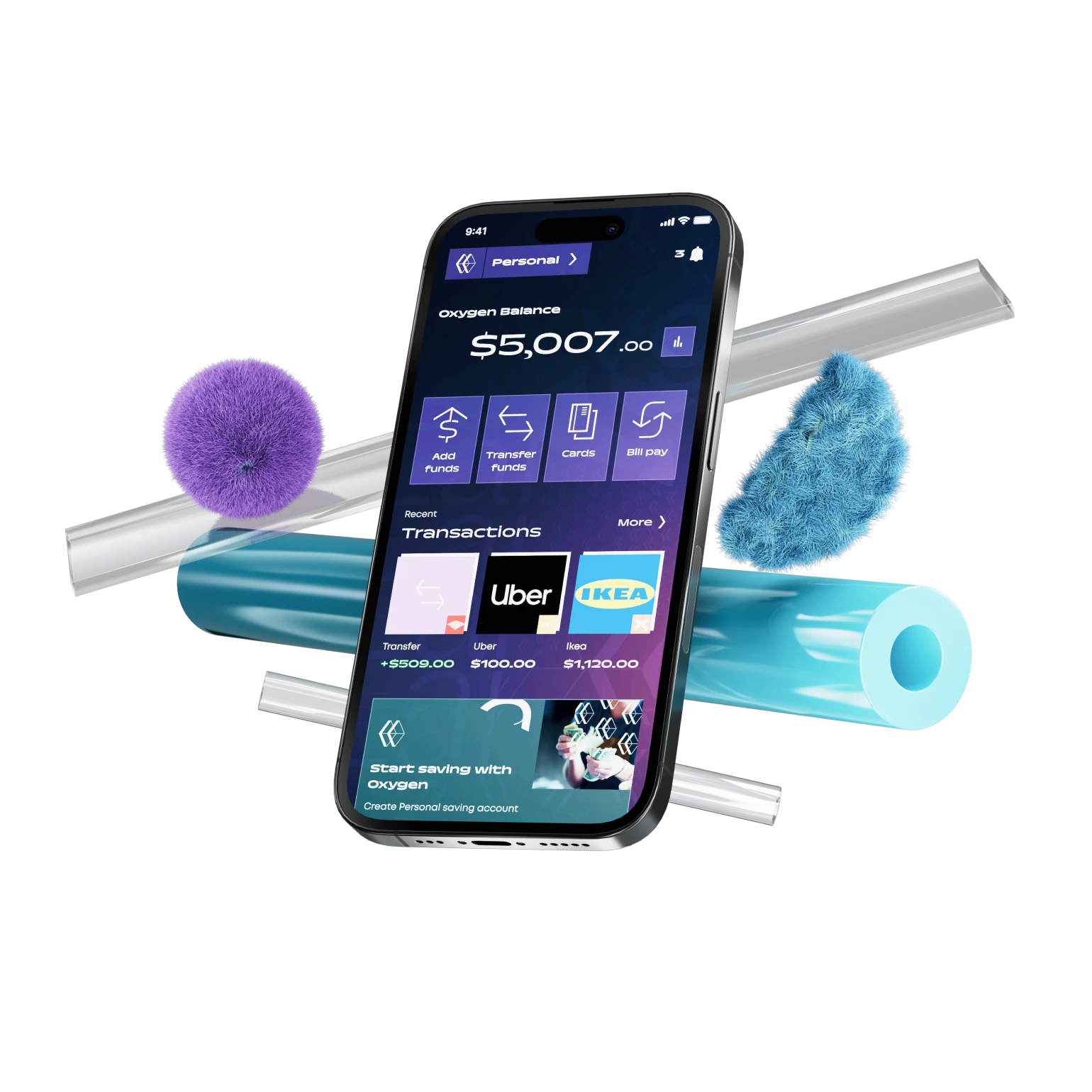 Mobile screen displaying abstract 3D shapes in the background, with a finance app on the screen