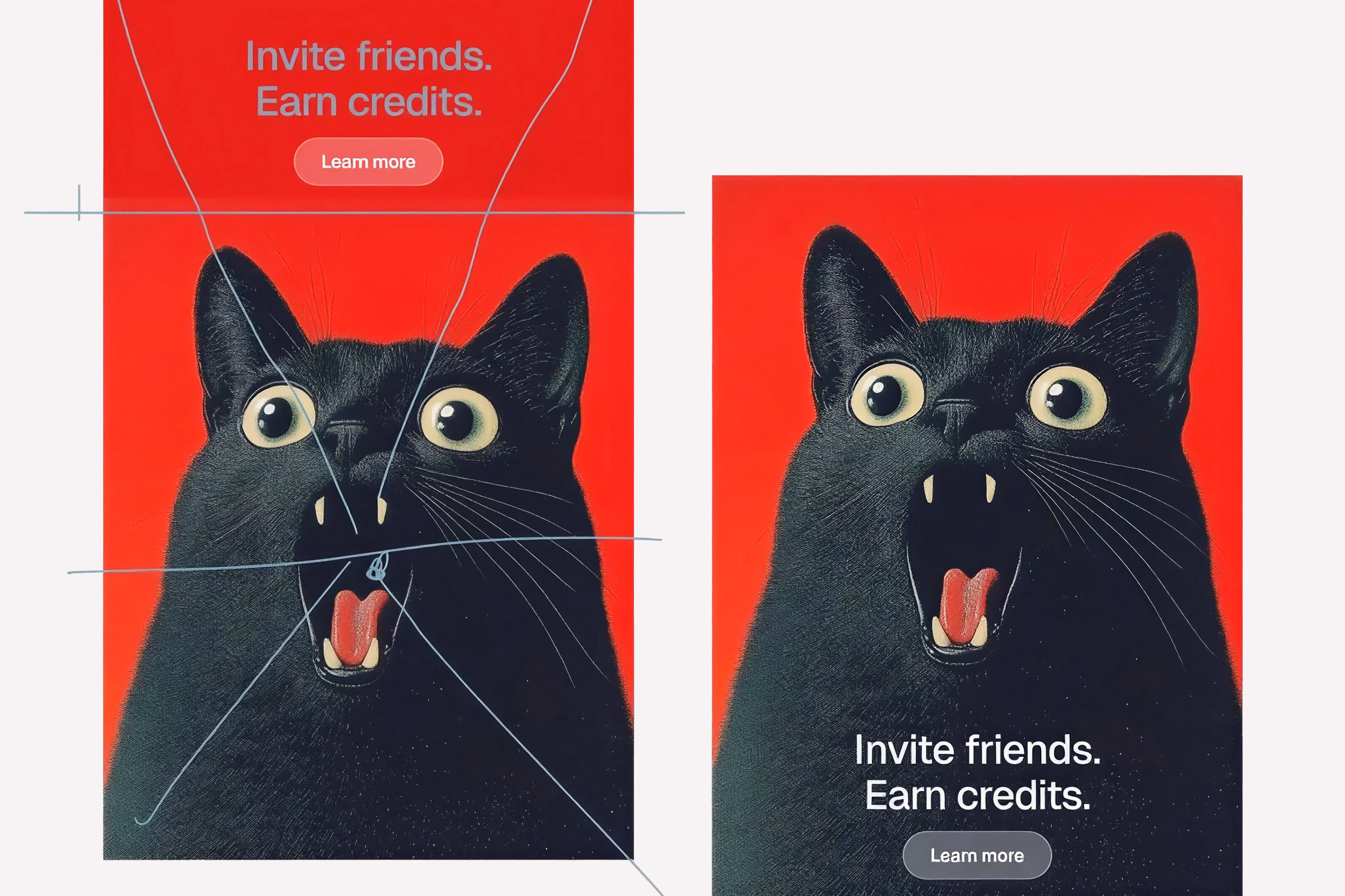 Two versions of the same red banner with a startled black cat: on the left the copy sits above the cat, on the right below it.