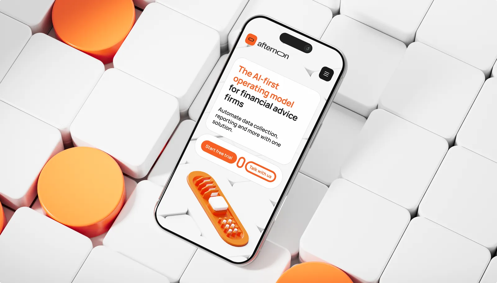 An iPhone propped among glossy white and orange cubes, showing the Afternoon site hero — The AI-first operating model for financial advice firms