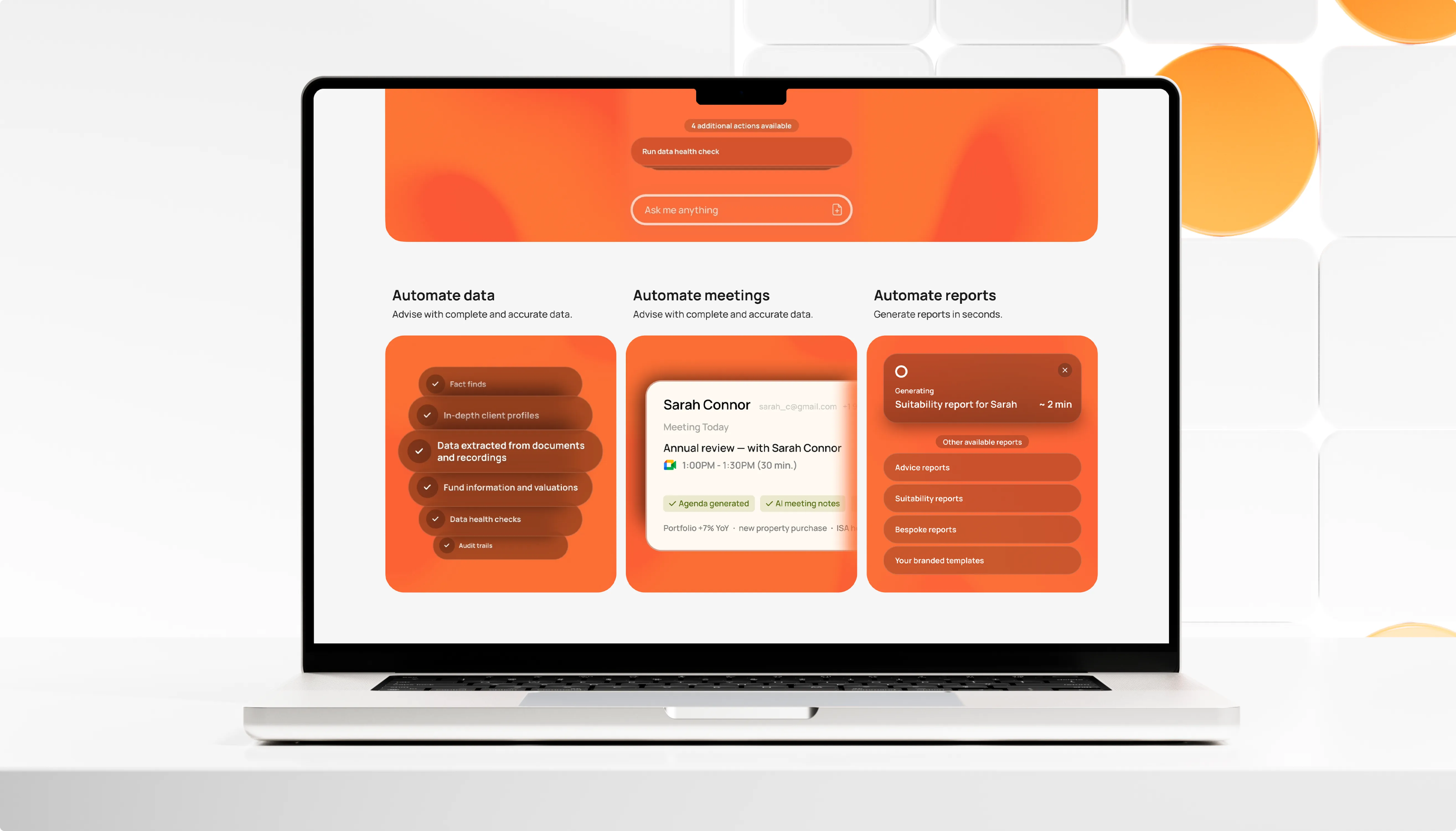 A laptop showing the Afternoon product page: an orange assistant panel above three columns — Automate data, Automate meetings, Automate reports