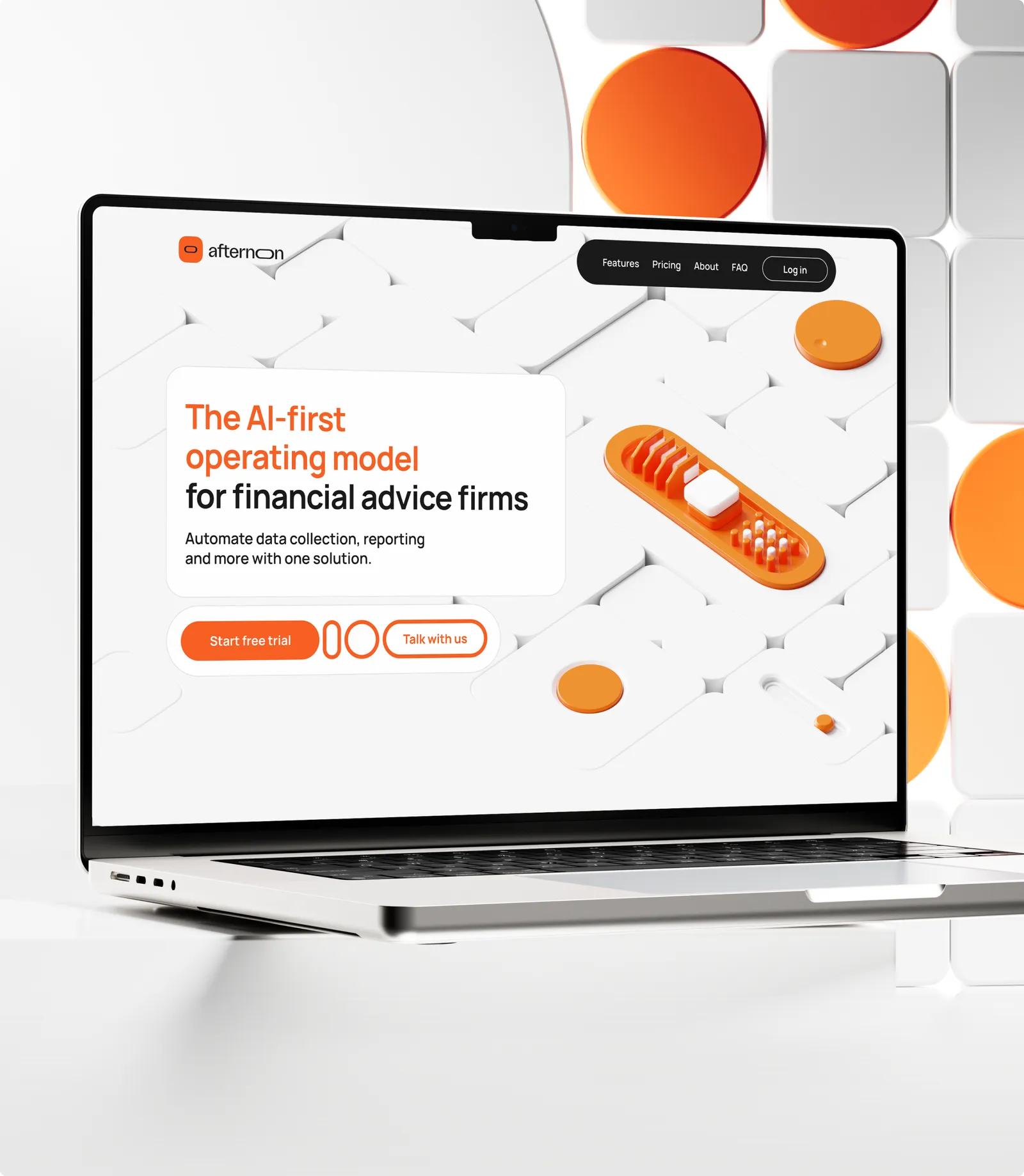 A laptop on a white desk showing the Afternoon marketing site hero, orange and white cubes stacked behind it