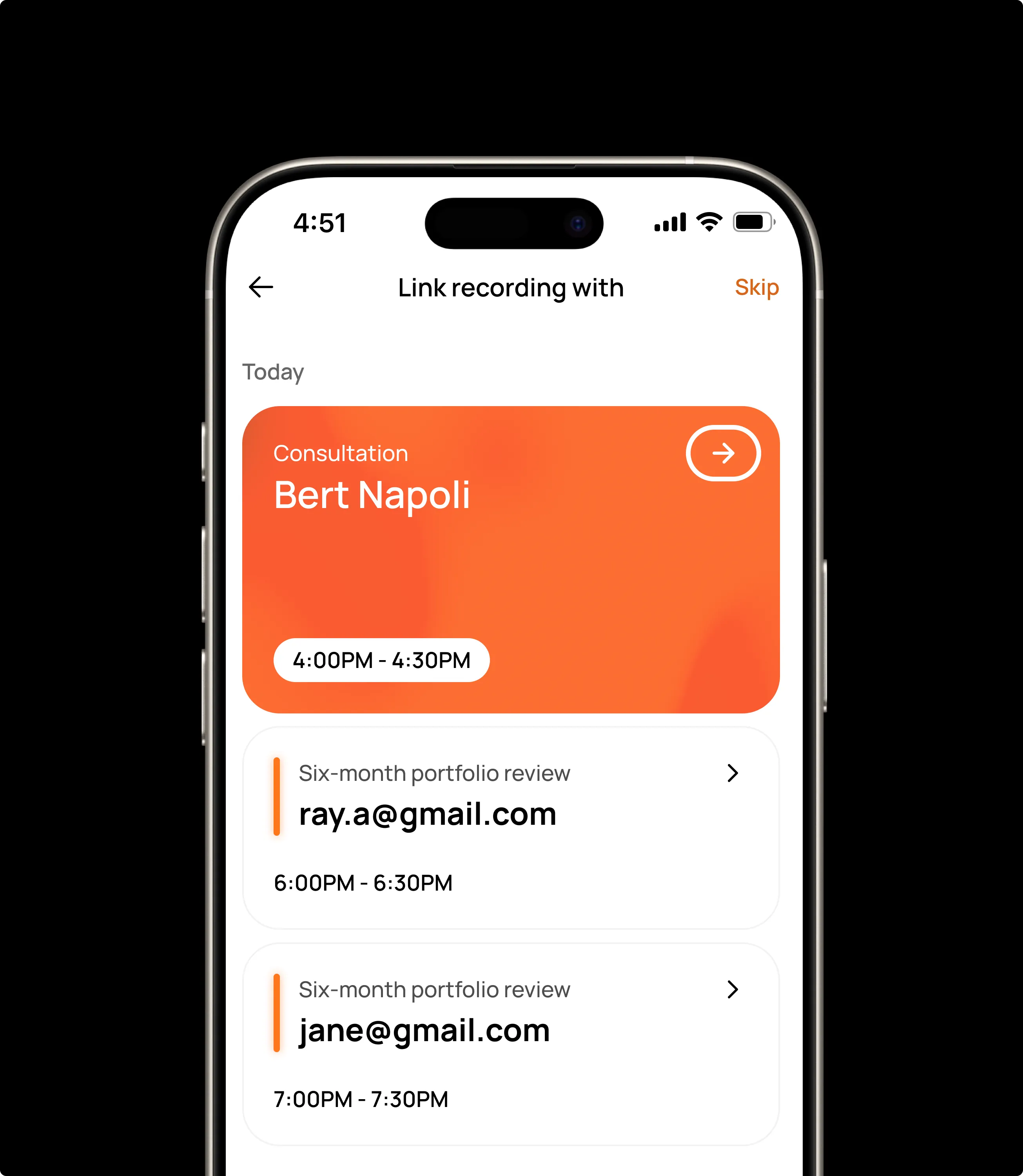 A phone on black showing the Link recording with screen — a consultation with Bert Napoli above two portfolio review slots