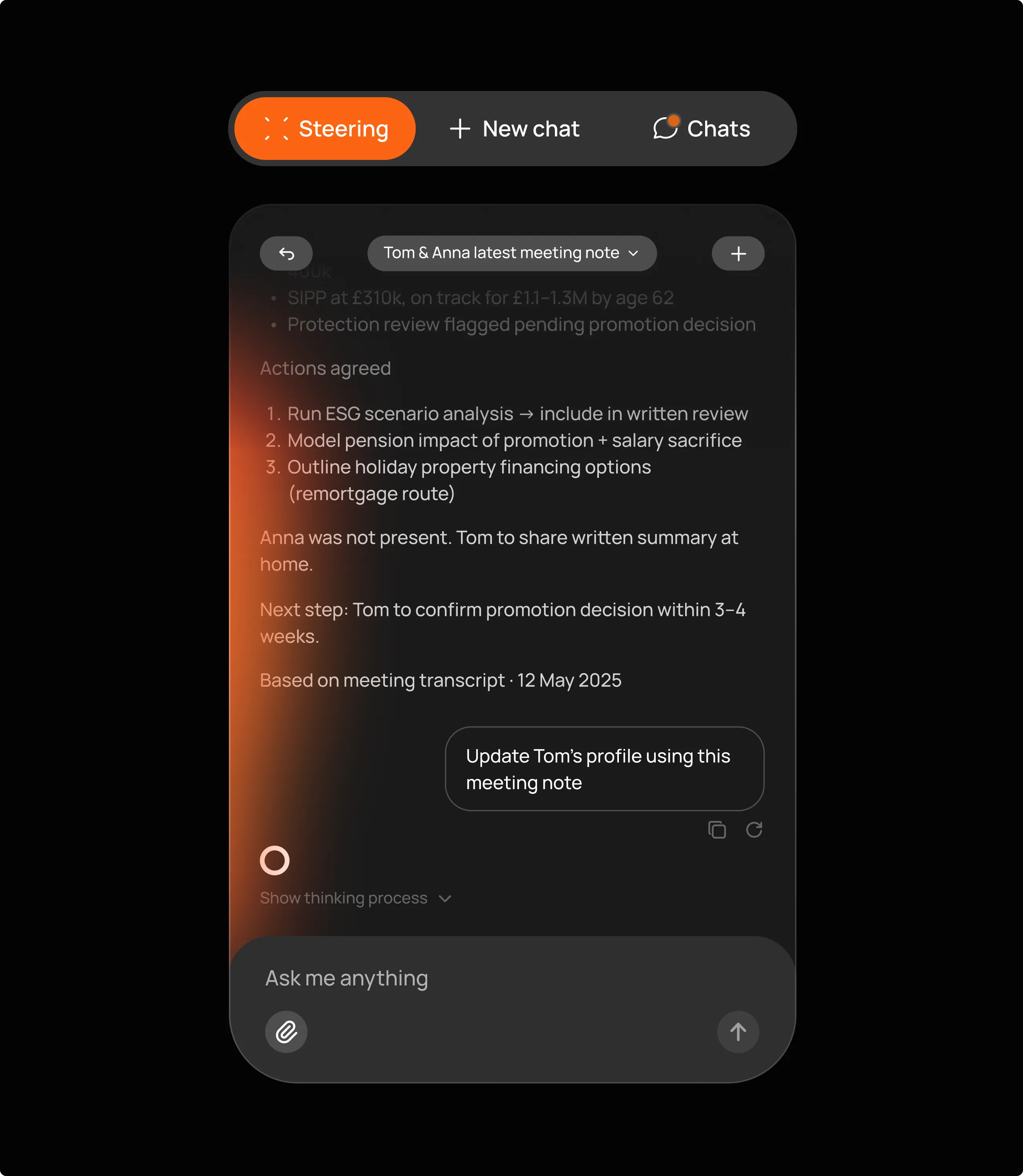 The Afternoon Steering chat on black, showing a meeting note with agreed actions and a prompt to update a client profile