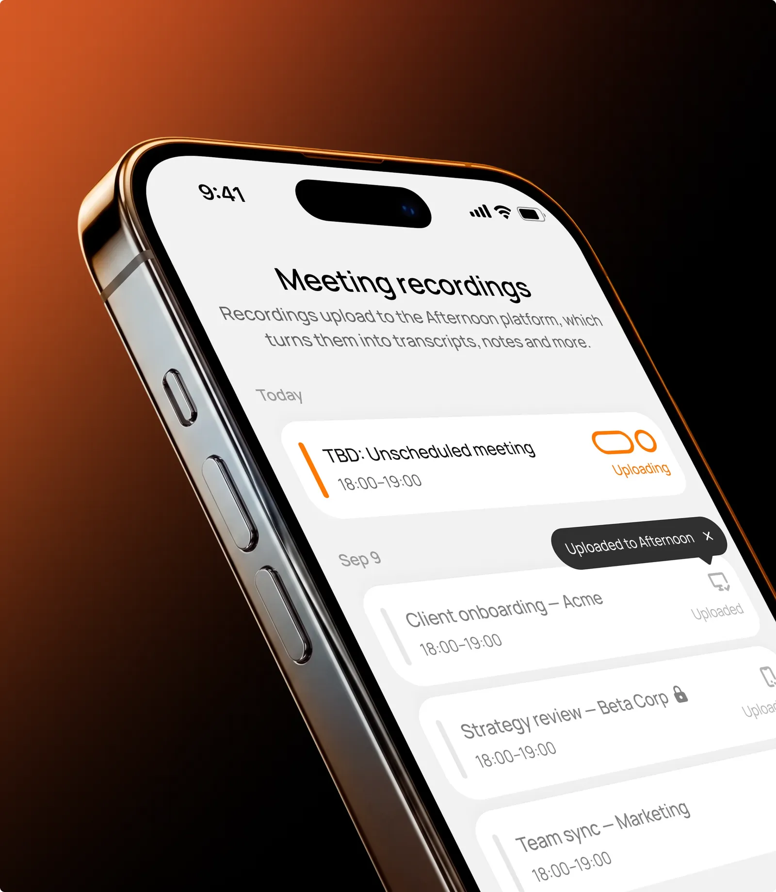 A phone showing the Afternoon Meeting recordings list, uploads turning into transcripts and notes