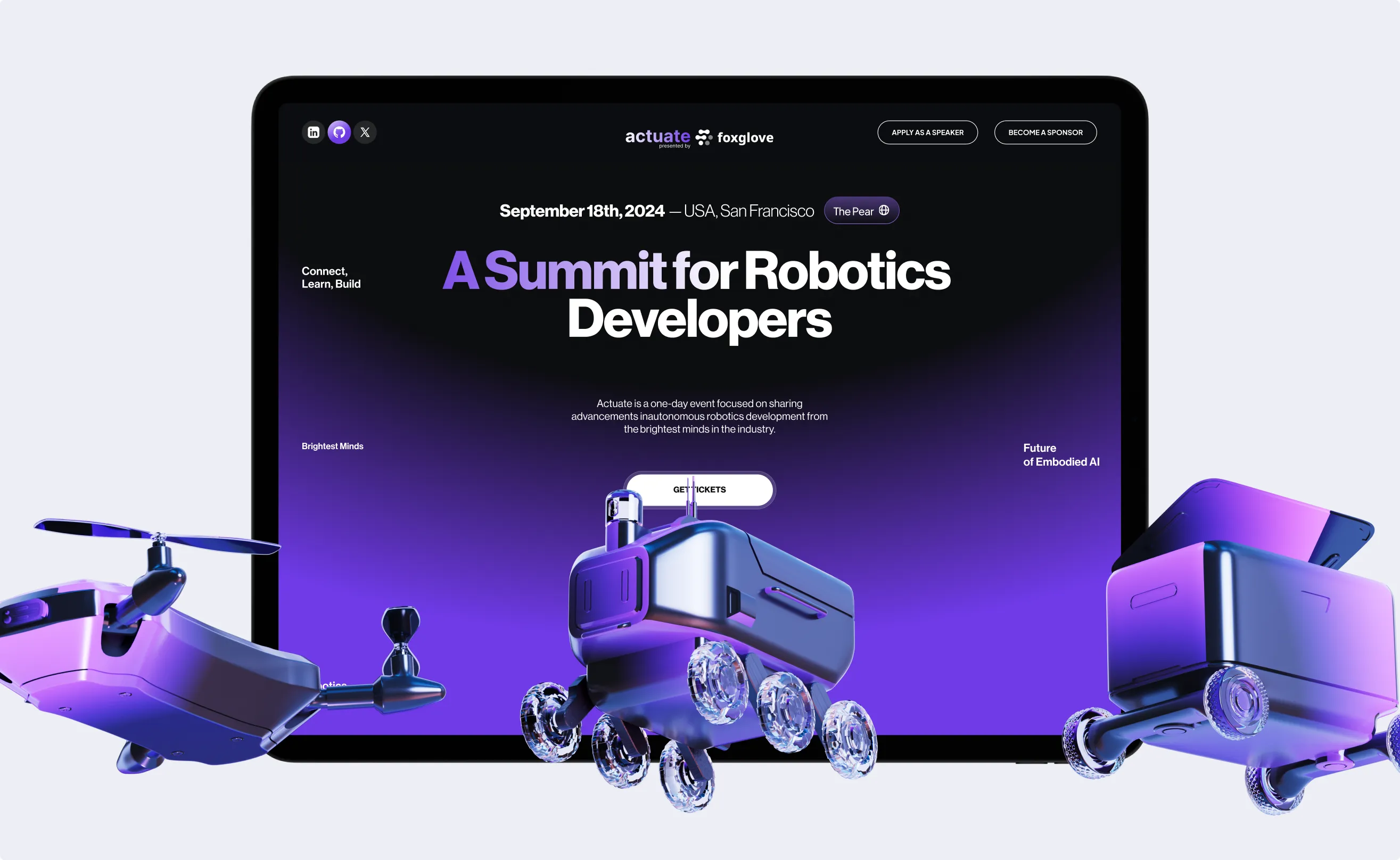 Actuate summit website homepage on a tablet with 3D robots and drones and the headline A Summit for Robotics Developers