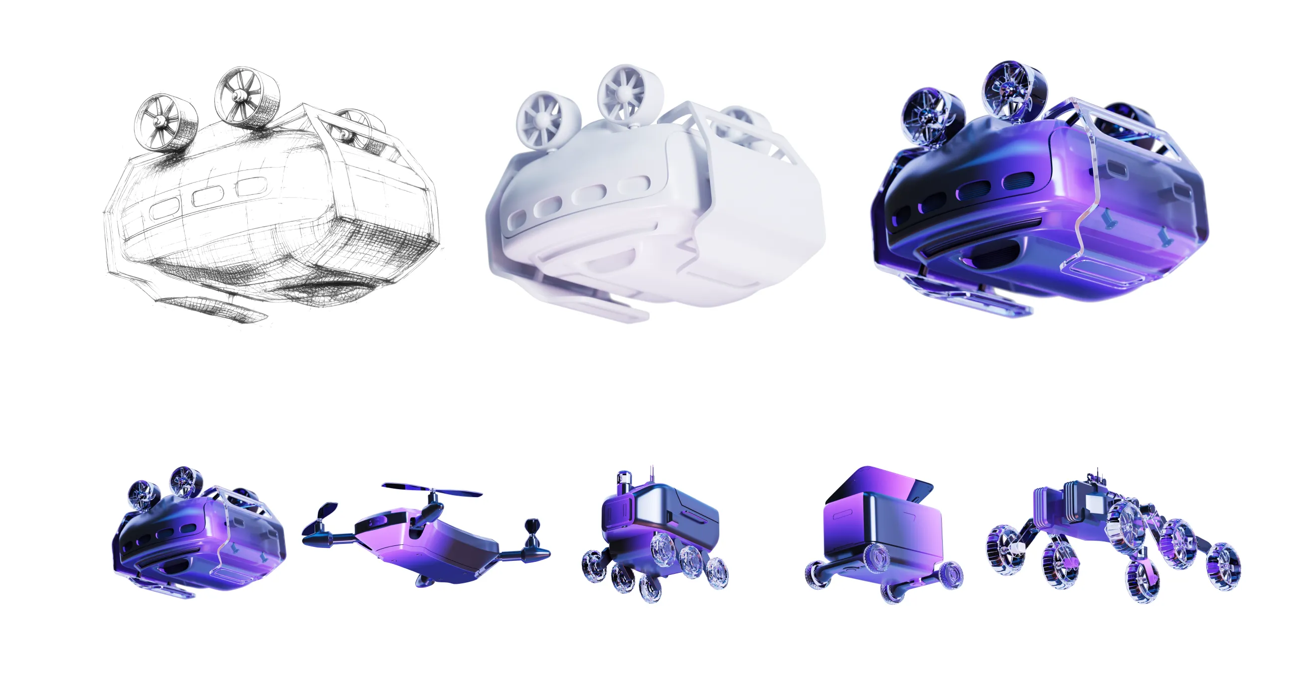 A robot concept shown evolving from a wireframe sketch to a polished 3D render, above a row of five purple robot and drone models
