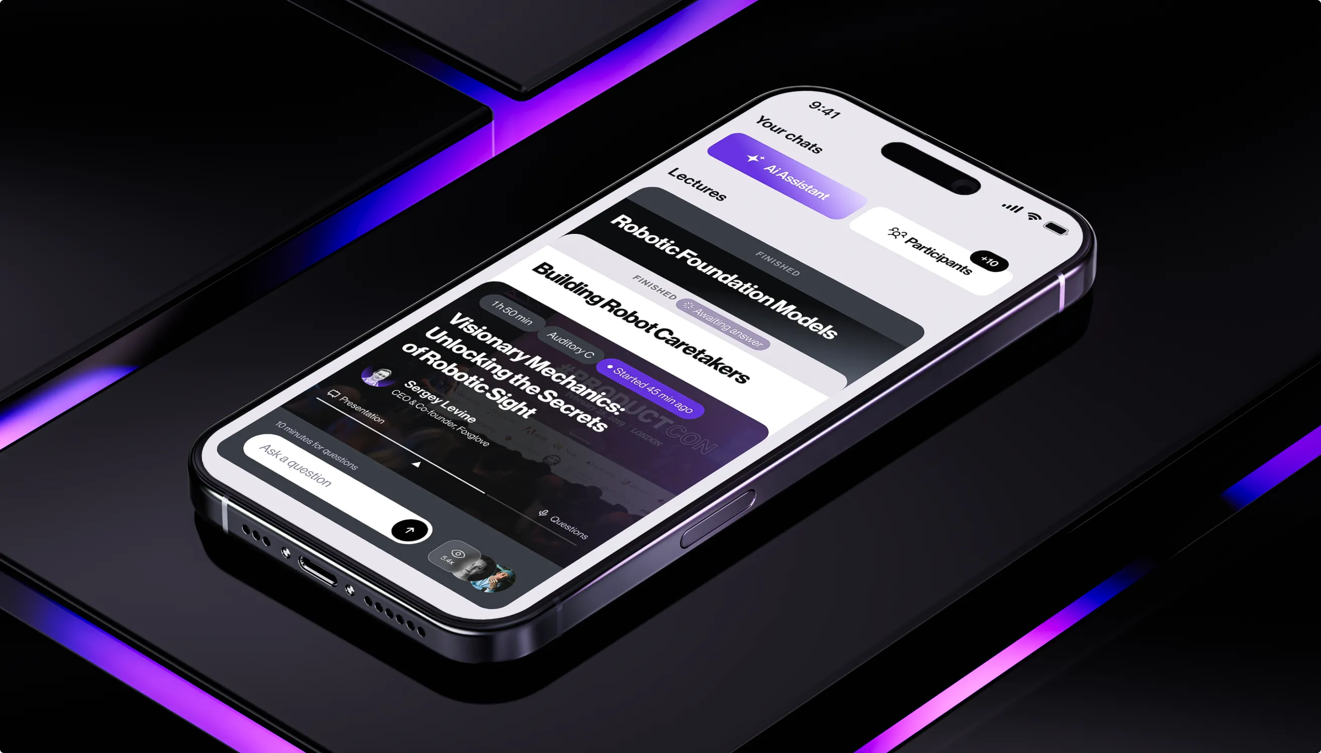 Actuate mobile app on a phone showing the lectures list and a live session chat on a black background