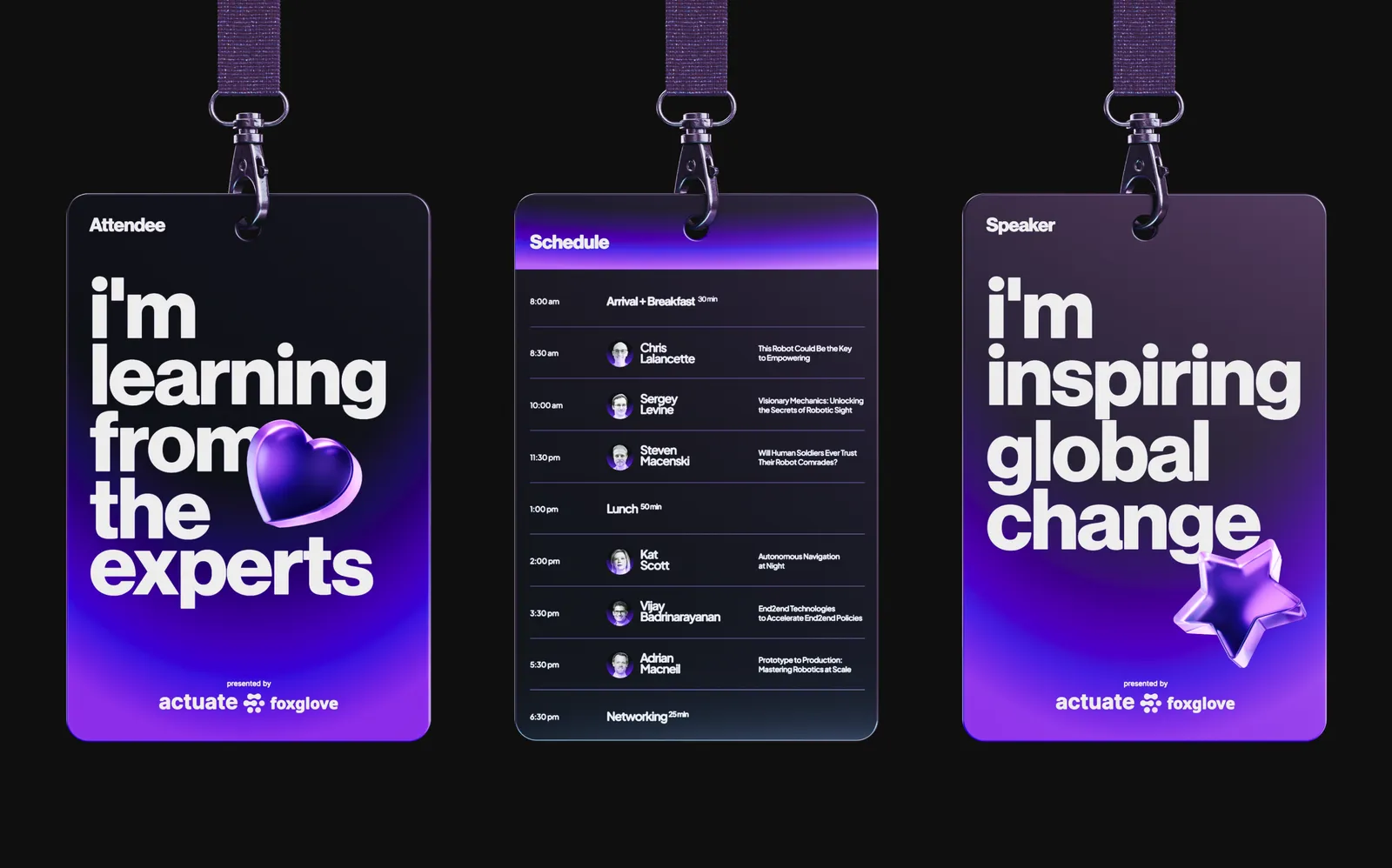 Three Actuate lanyard badges reading i’m learning from the experts, the event schedule, and i’m inspiring global change