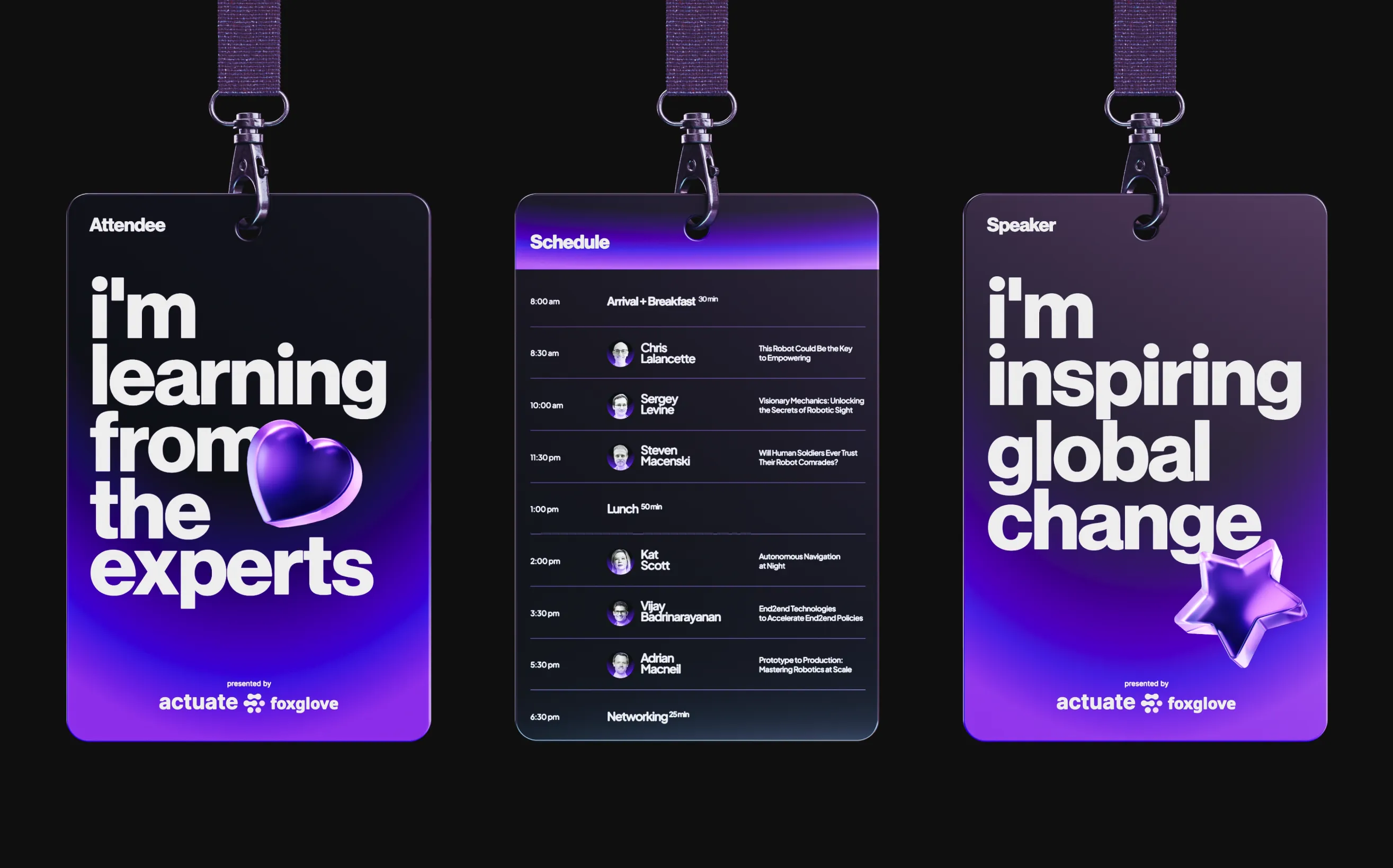 Three Actuate lanyard badges reading i’m learning from the experts, the event schedule, and i’m inspiring global change