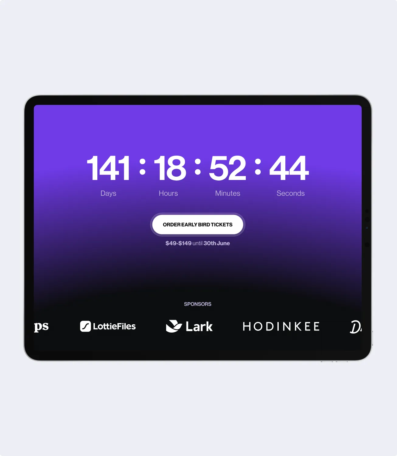 Tablet showing a ticket countdown timer and sponsor logos on a light background