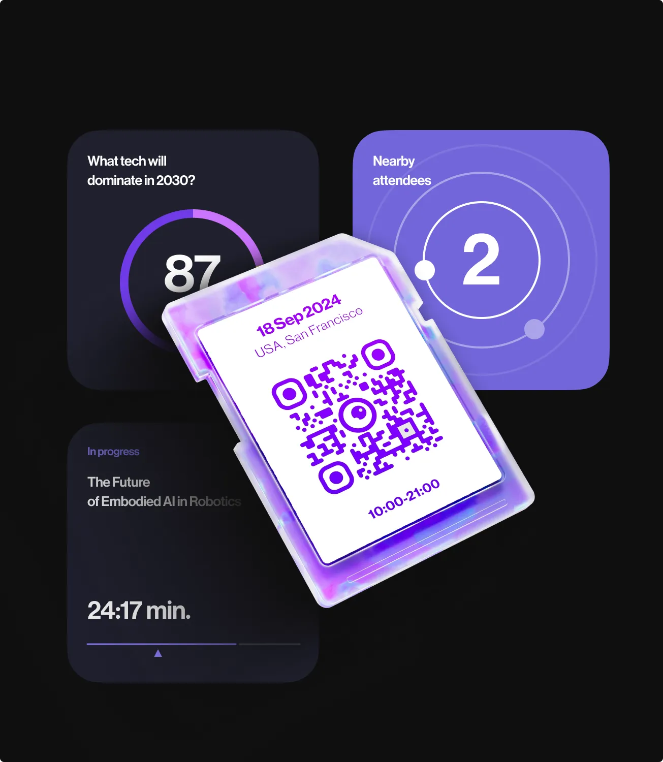 Dark app cards showing a live tech poll, a nearby attendees count, and a QR code event ticket