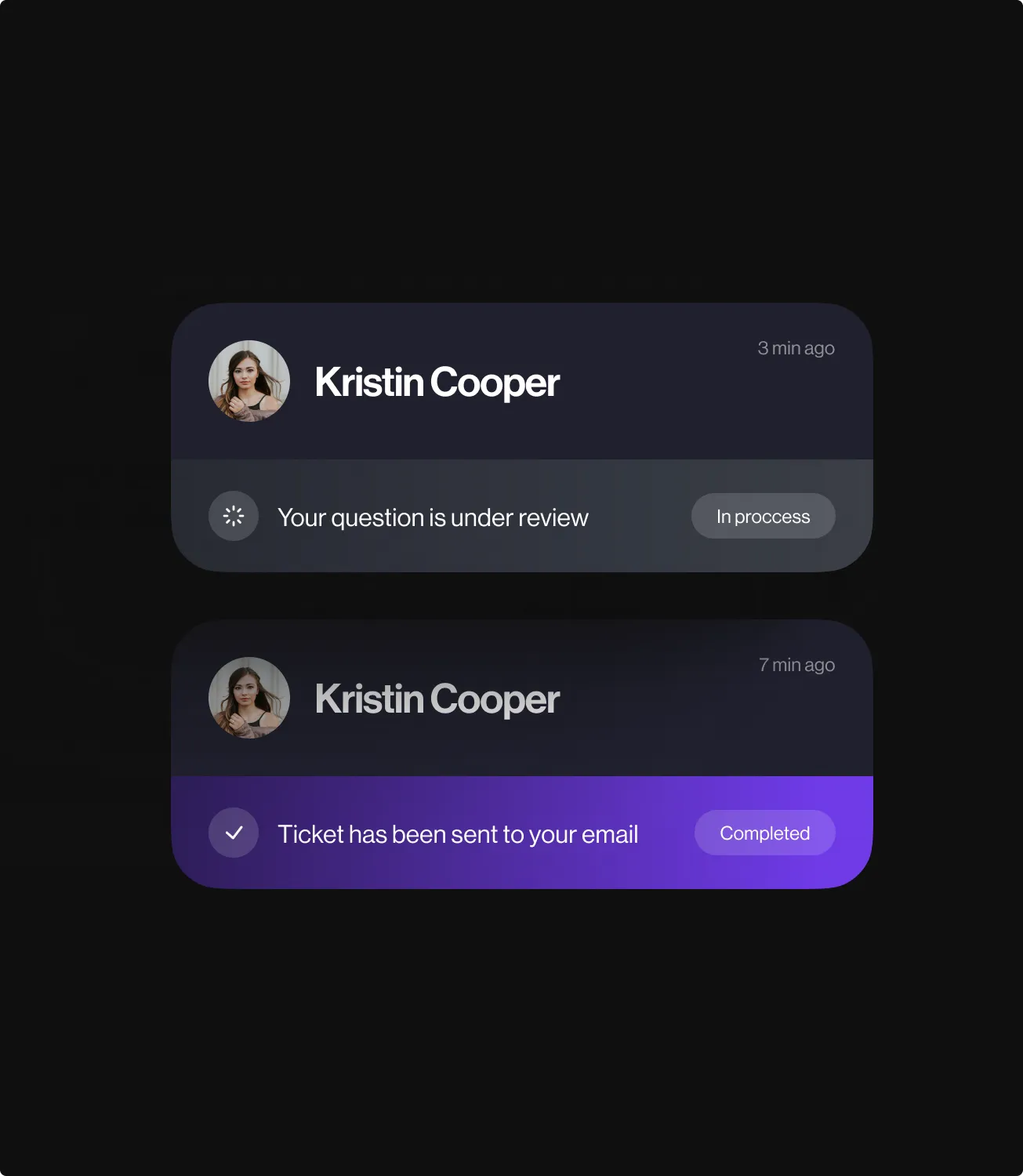App notification cards confirming that a question is under review and that a ticket has been emailed