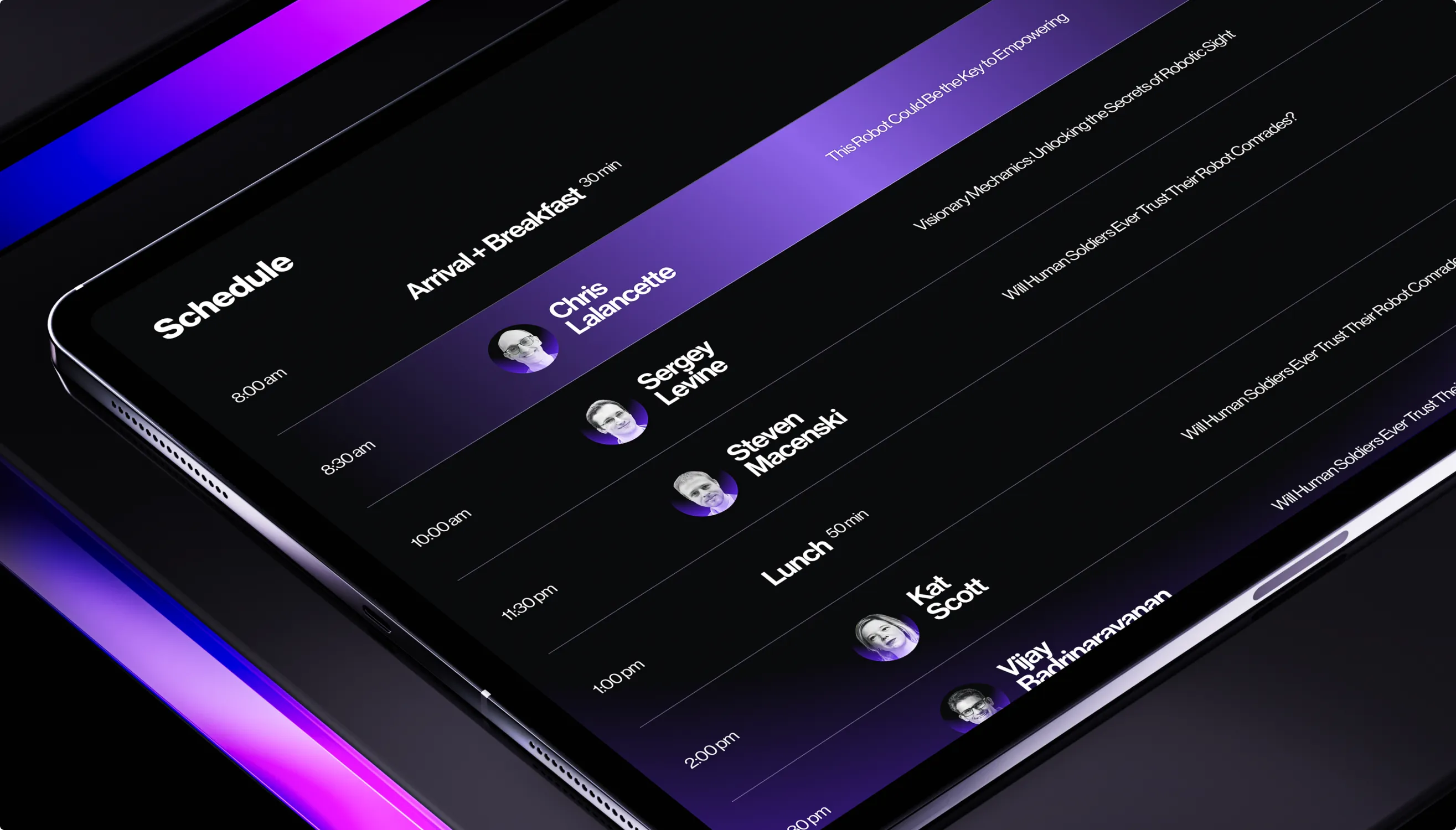 Actuate schedule screen on a tablet listing session times and speaker names on a dark background