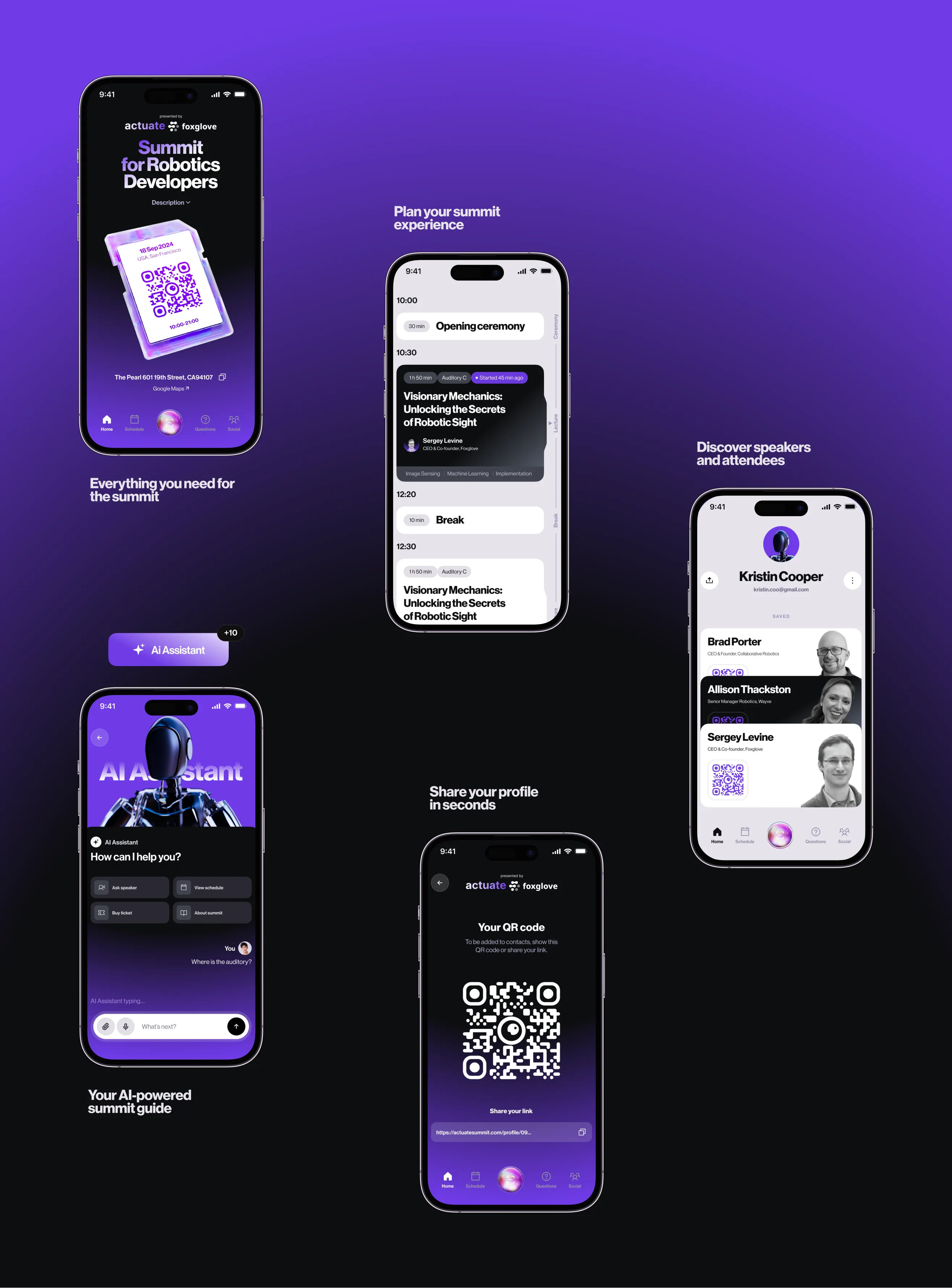 Collection of Actuate mobile app screens on a purple background covering the event ticket with QR code, session schedule, AI assistant, profile QR sharing, and speaker discovery