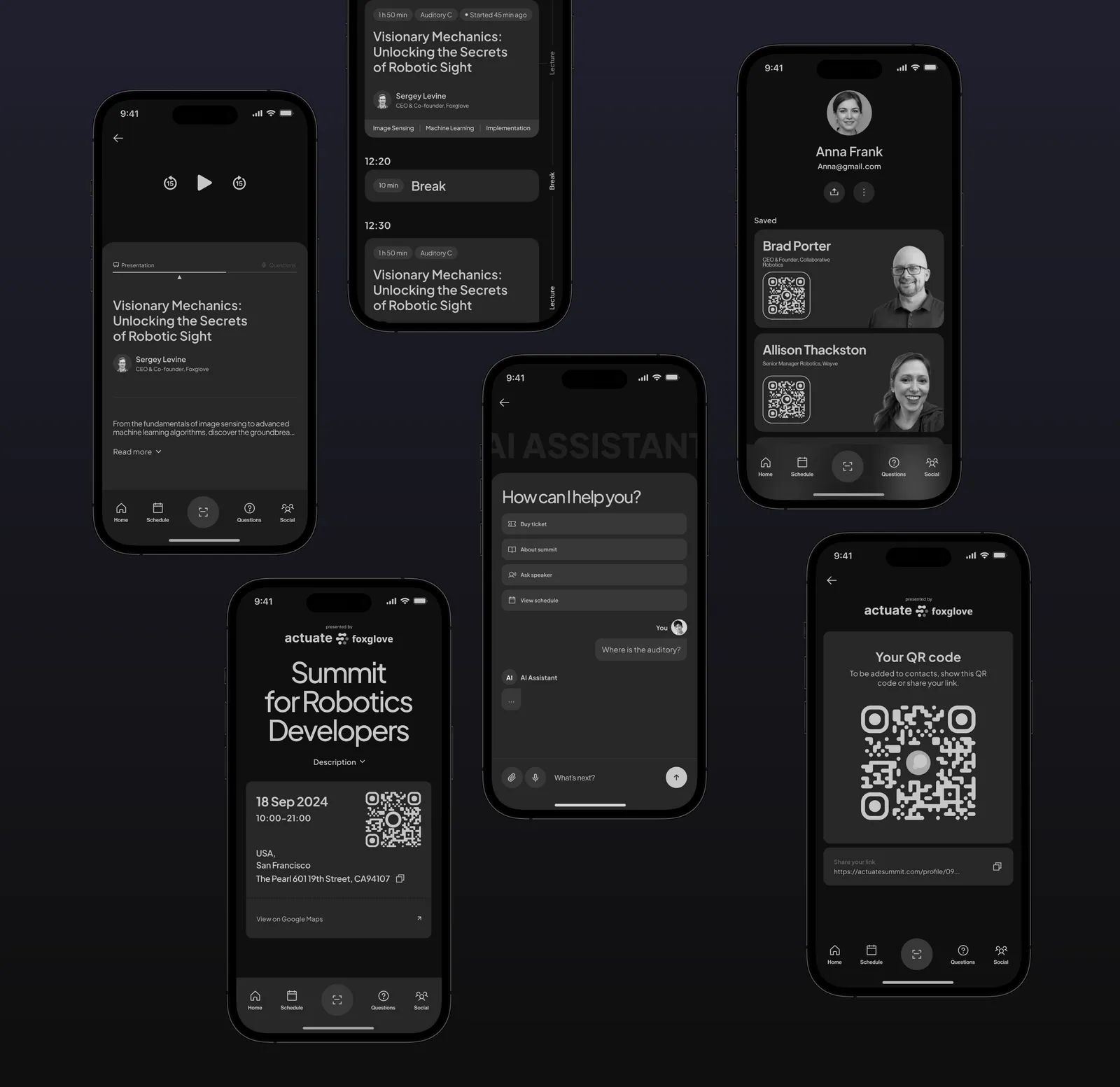 Actuate app screens scattered on a dark purple background showing the event ticket, a live talk video, the AI assistant chat, a QR code, and attendee contacts
