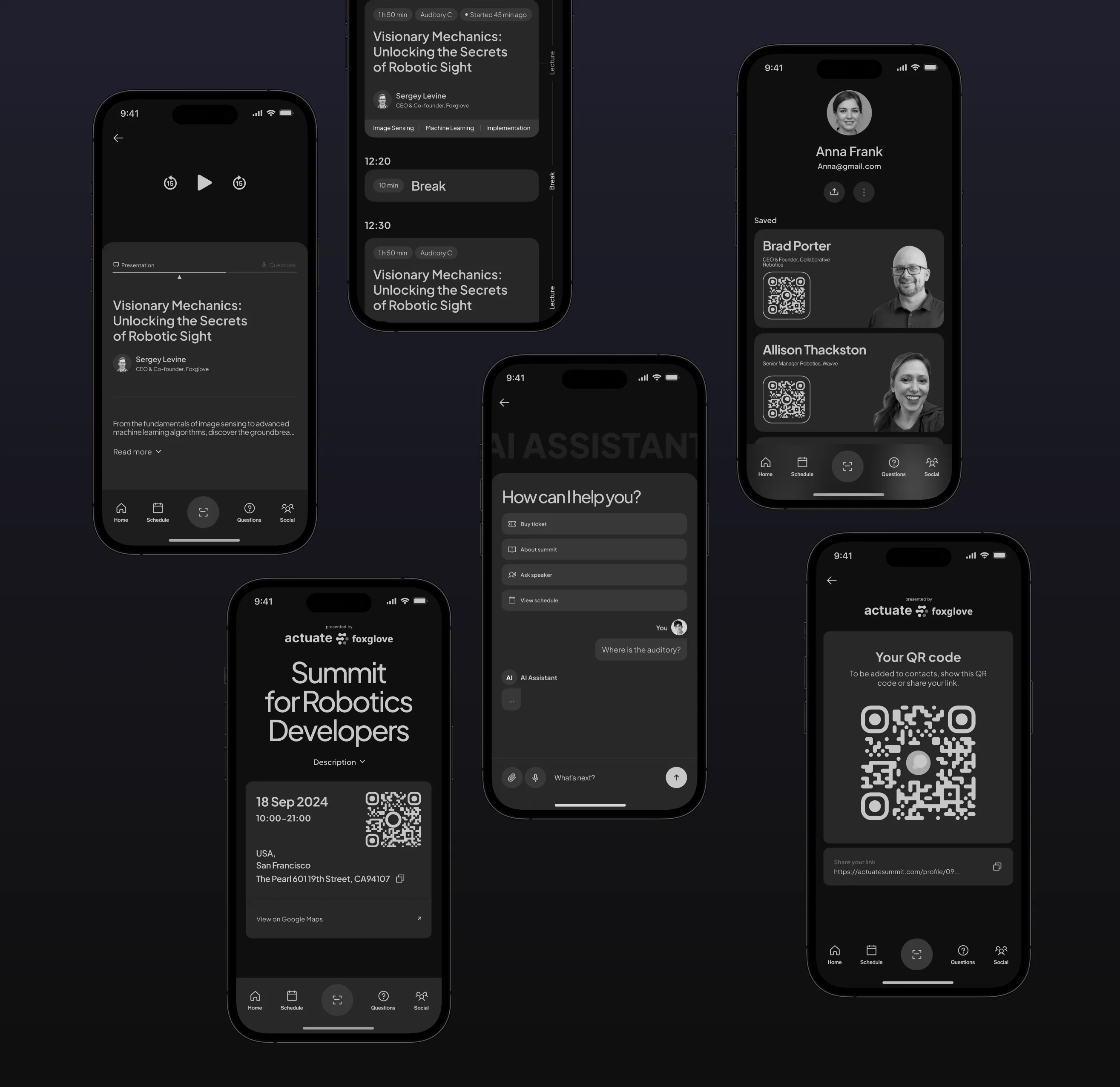 Actuate app screens scattered on a dark purple background showing the event ticket, a live talk video, the AI assistant chat, a QR code, and attendee contacts