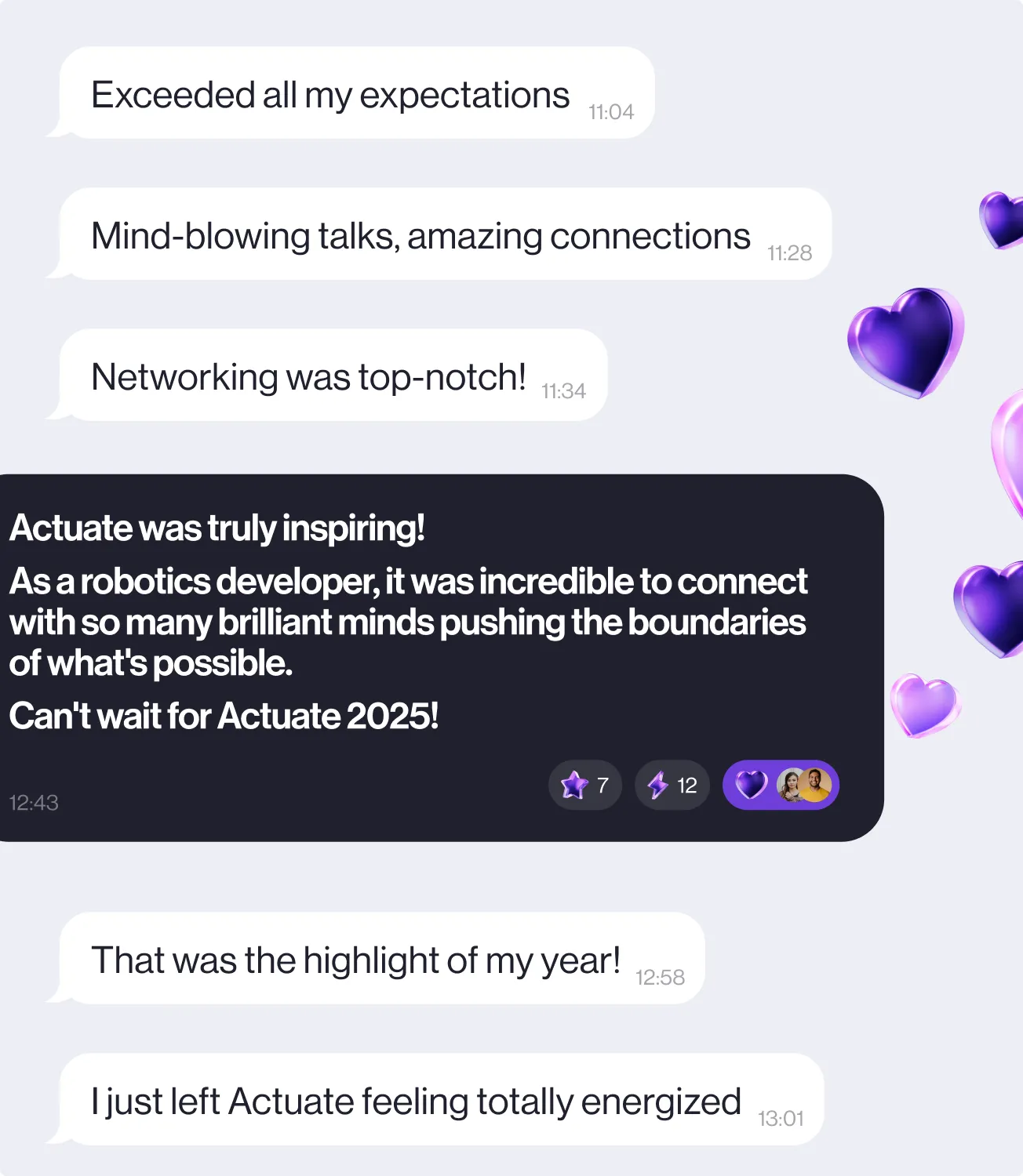 Chat feed of attendee reactions praising the event, with floating purple heart stickers