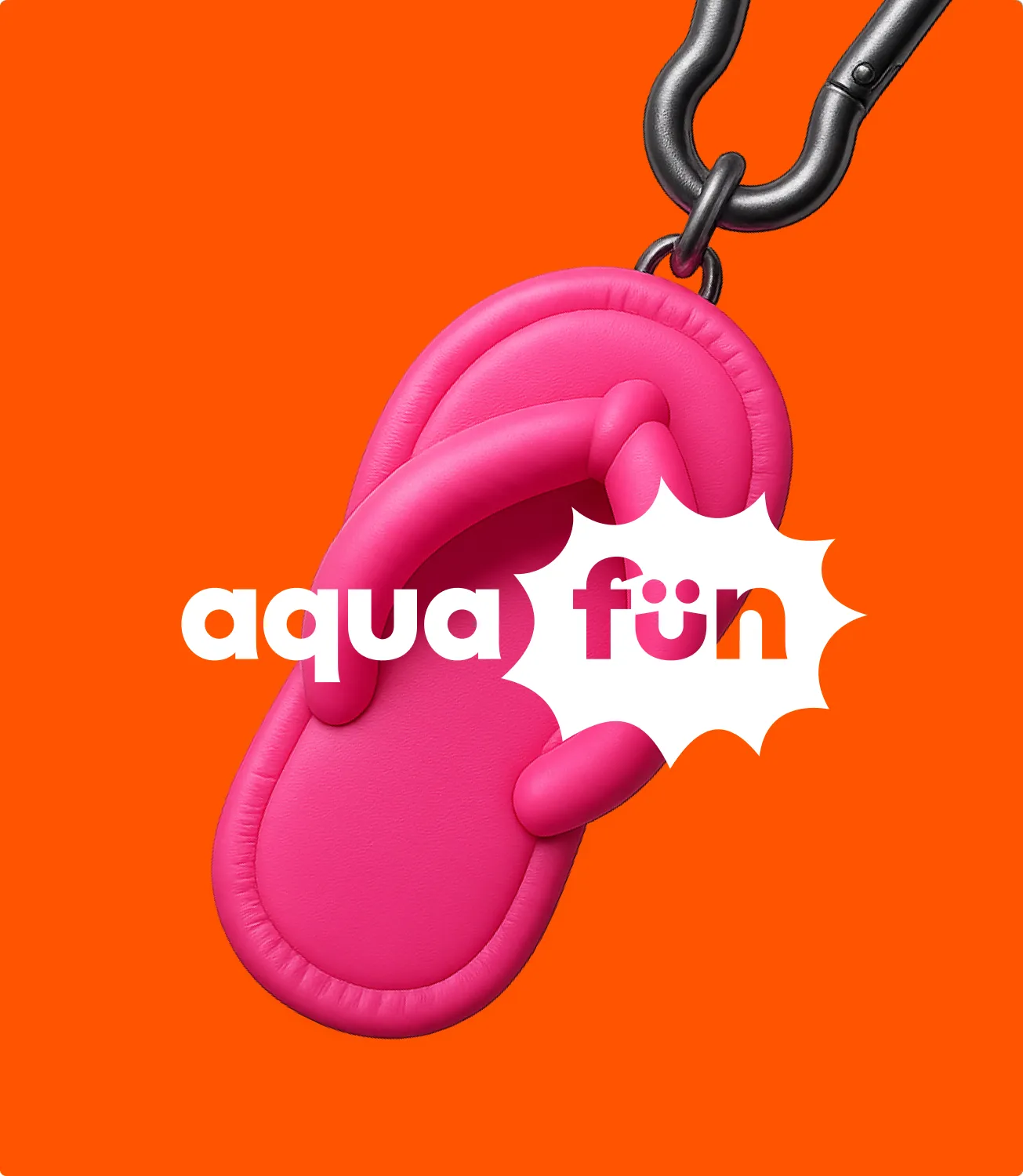 Puffy pink flip-flop keychain charm clipped to a carabiner on a bright orange background, with the white aqua fun starburst logo