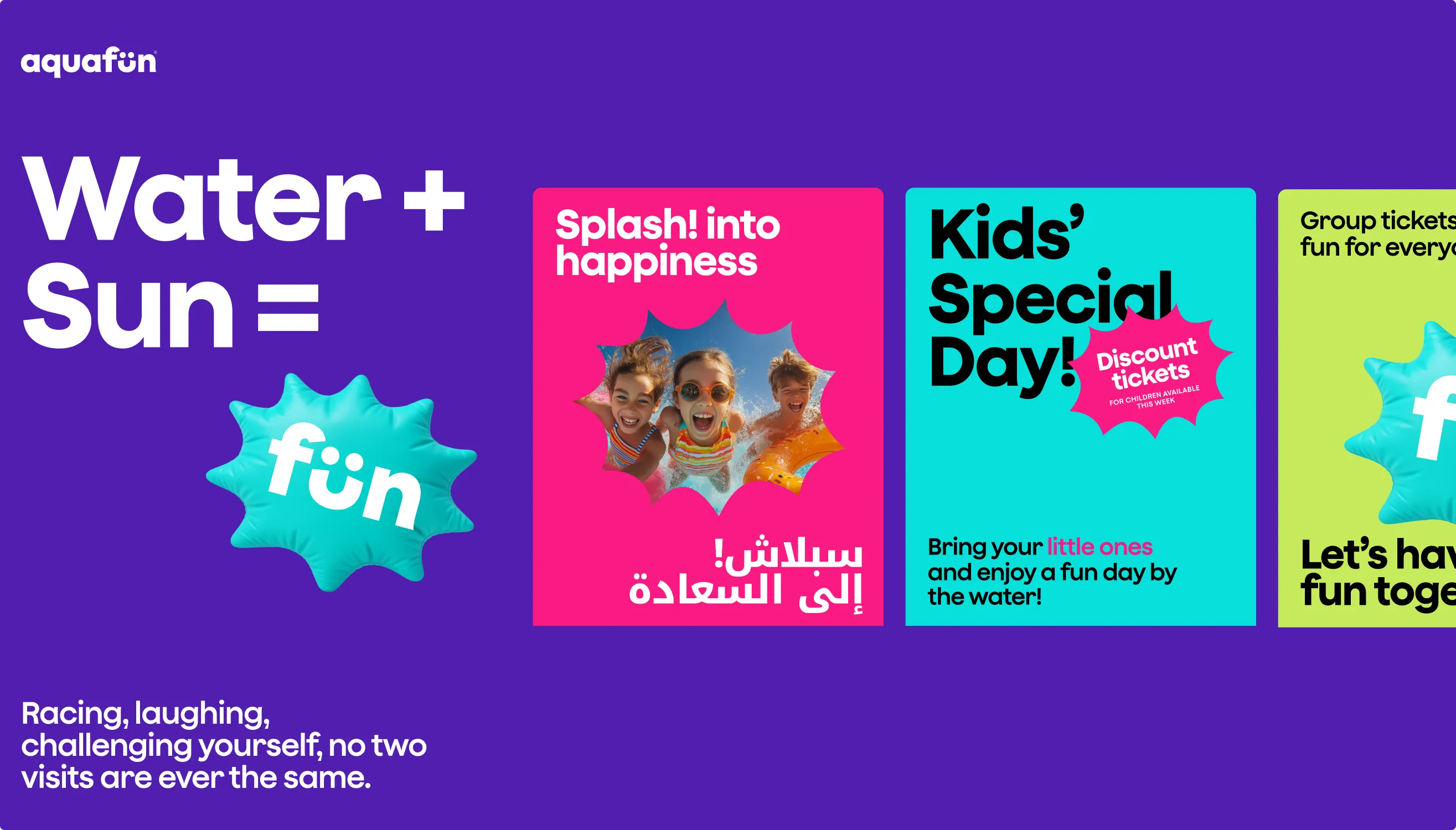 Purple layout with the headline Water + Sun = fun and a row of social-media poster mockups for Splash into happiness, Kids Special Day and group tickets, plus the line Racing, laughing, challenging yourself, no two visits are ever the same