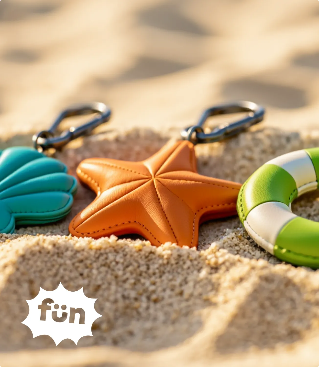 Padded leather keychain charms — a teal shell, an orange starfish and a green and white life ring — resting on sunlit sand with a white fun starburst badge