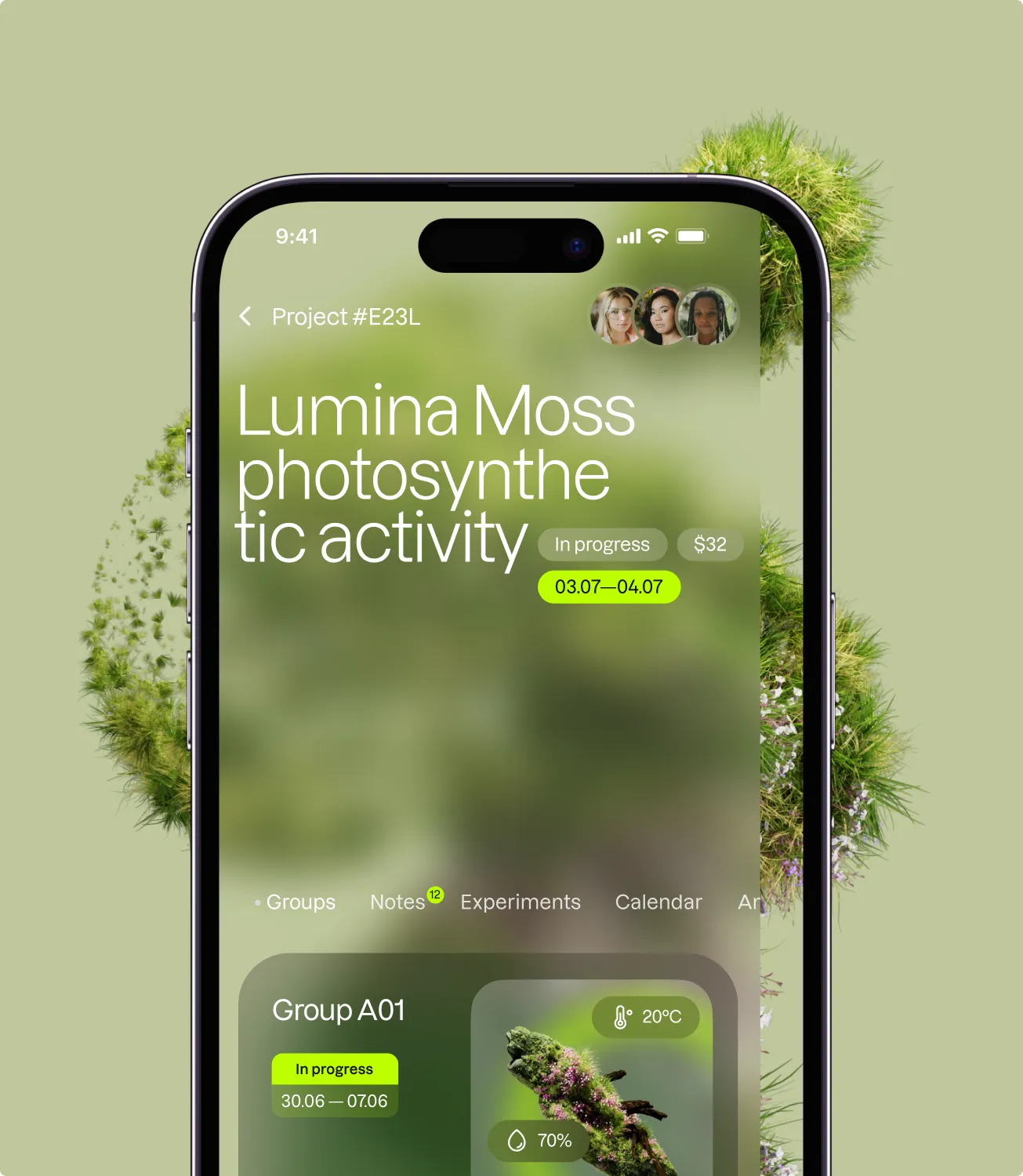 Bow mobile app project screen for Lumina Moss photosynthetic activity with in-progress status and dates