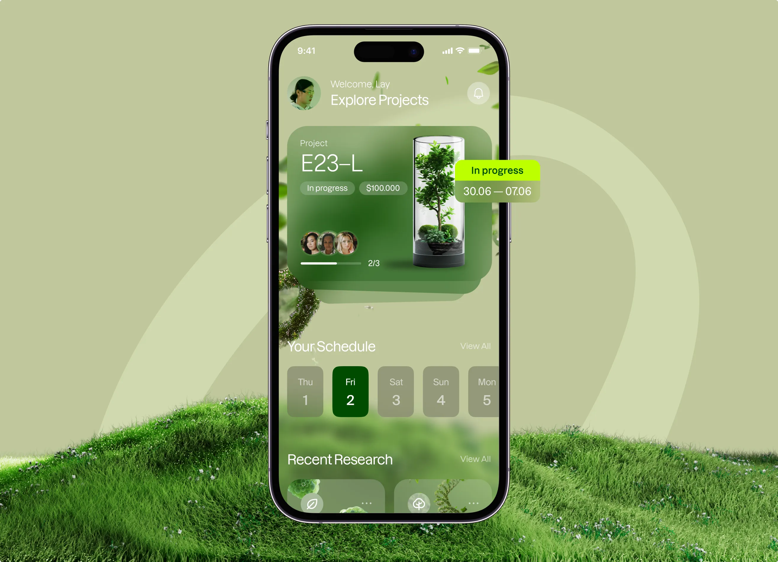 The Bow mobile app Explore Projects screen shown on a phone standing in a mossy green landscape