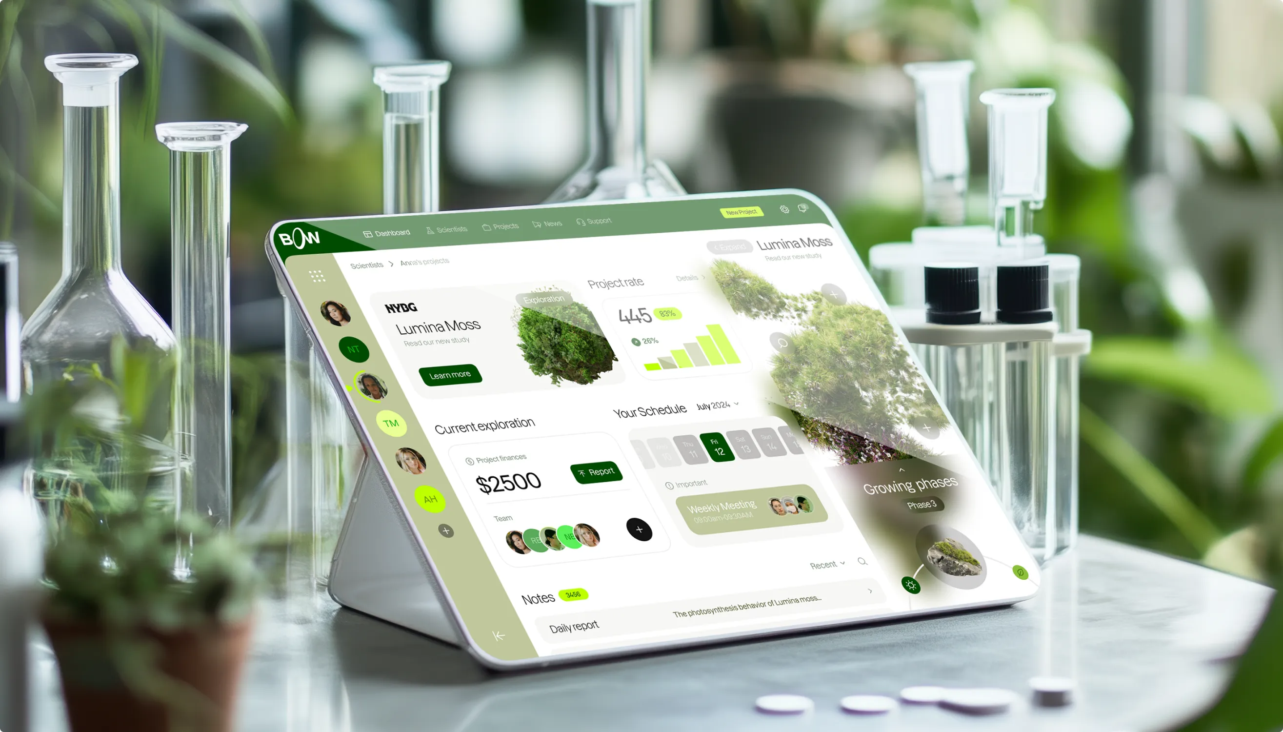 The Bow web dashboard shown on a tablet on a lab bench surrounded by glass flasks and plants