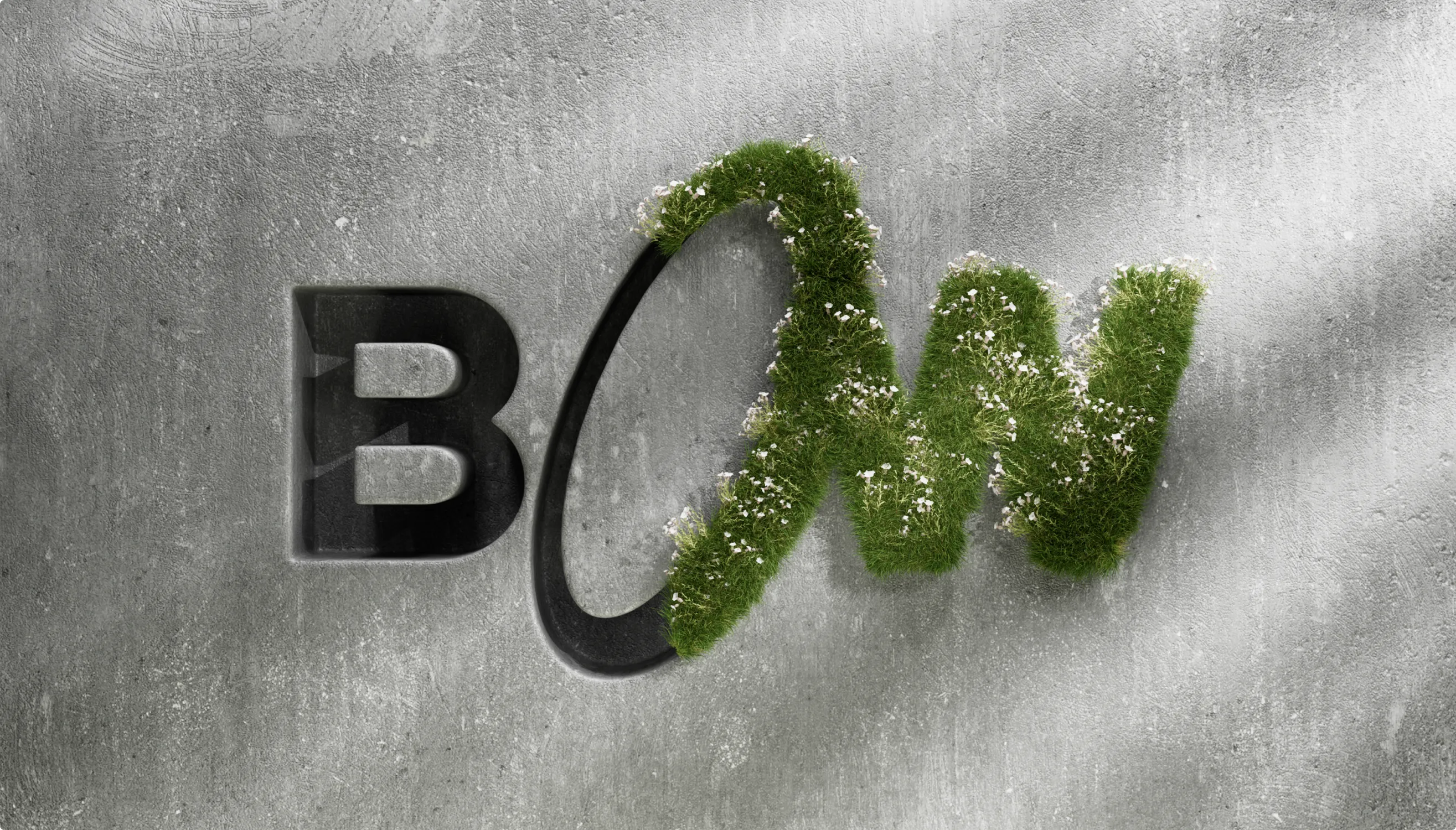 The Bow logo on a concrete wall, half rendered in dark type and half in living green grass
