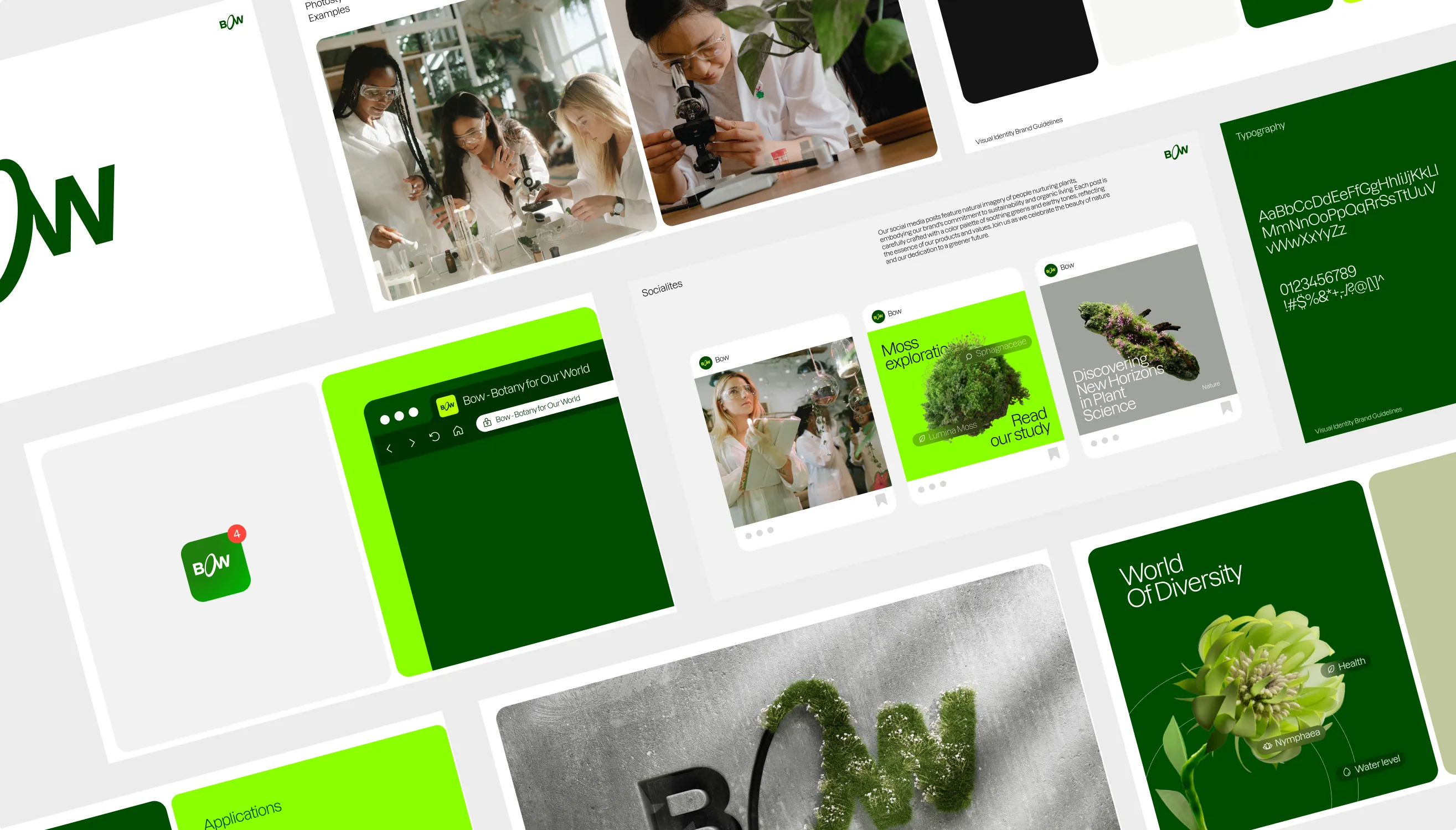 An angled montage of Bow brand guideline spreads covering typography, social layouts and applications