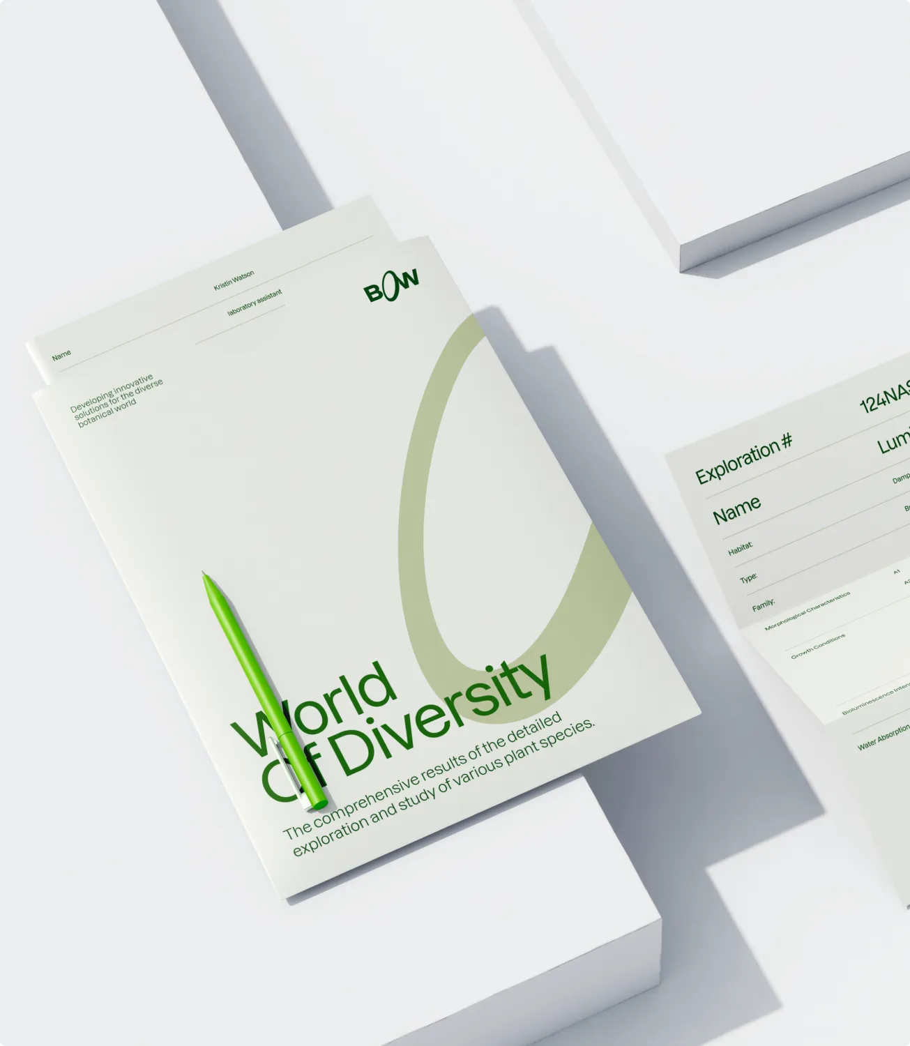 A printed Bow World of Diversity research report with a green pen resting on the cover