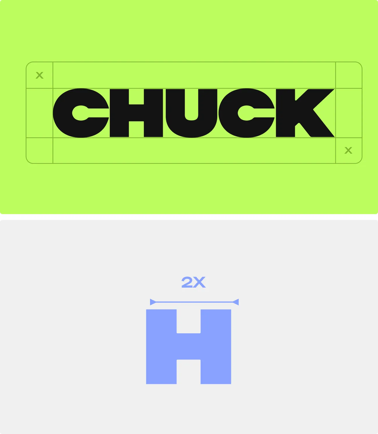 Chuck logo construction on neon green and 2x logomark