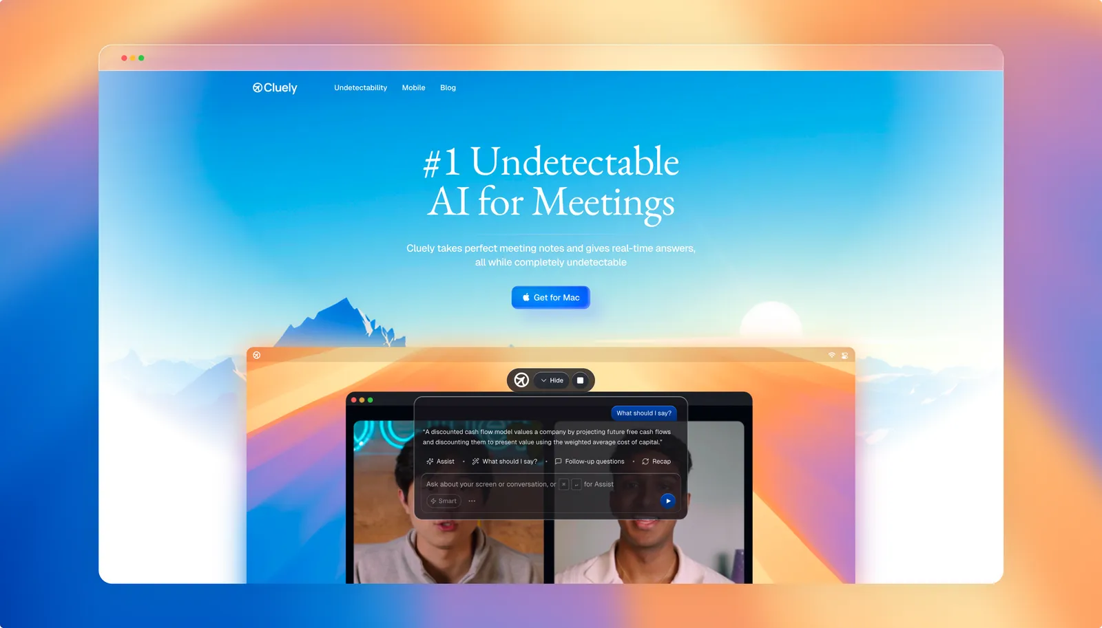 Cluely marketing site hero reading “#1 Undetectable AI for Meetings” above a desktop window running a video call with the assistant overlay