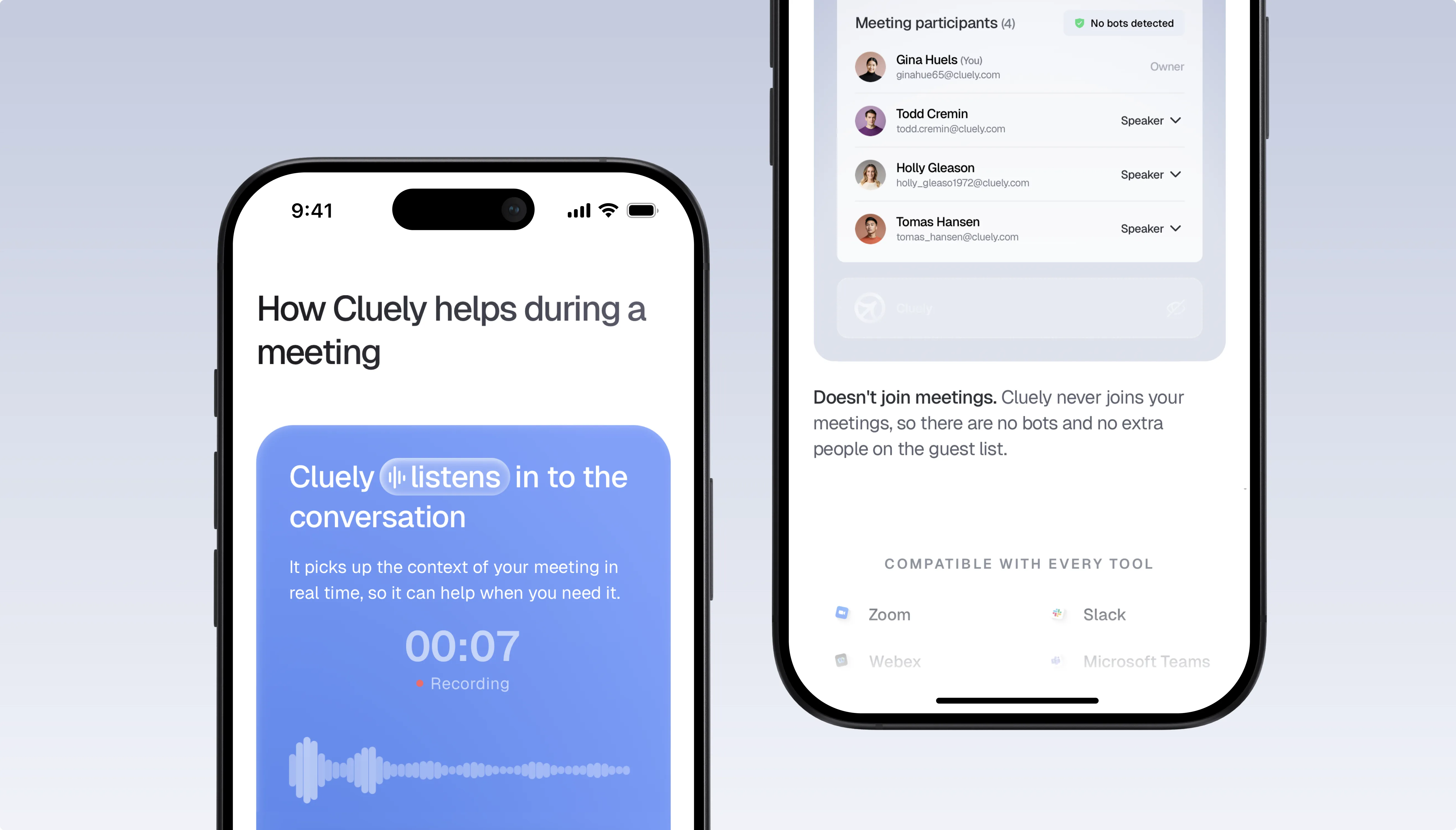 Two phone screens explaining how Cluely listens to a meeting in real time and never joins the call as a bot