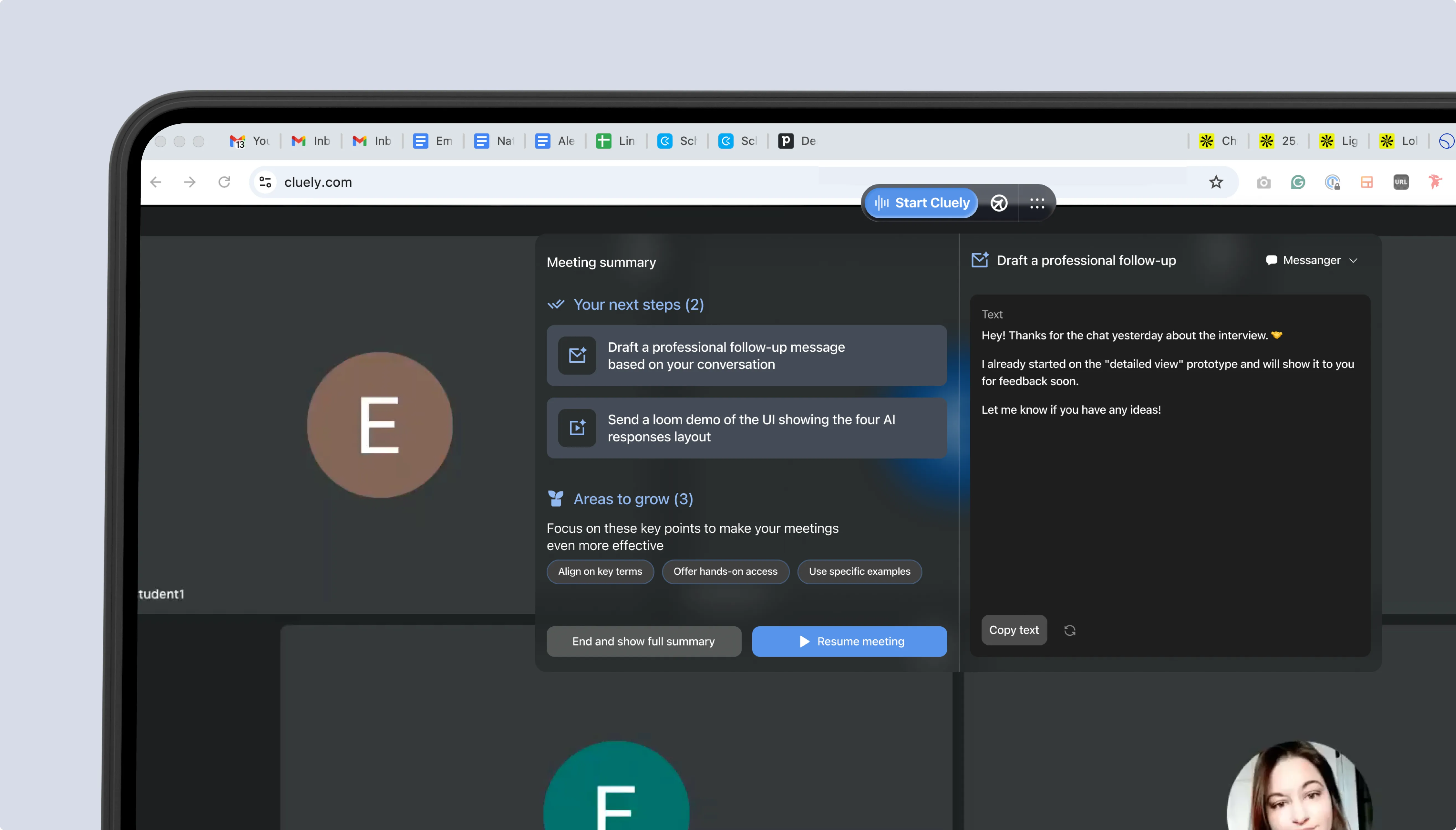 Cluely running beside a live call in the browser, the side panel showing next steps and a drafted follow-up