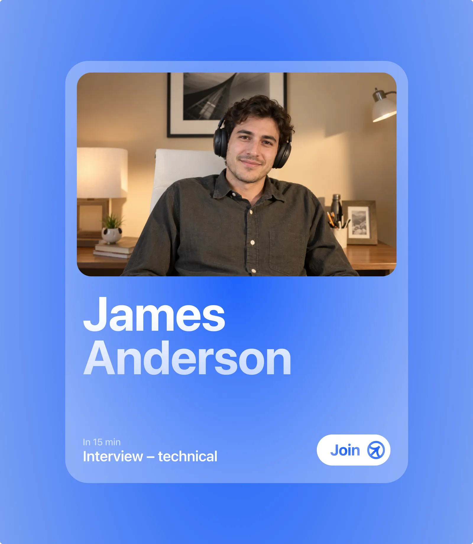 Upcoming interview card for James Anderson with a Join button