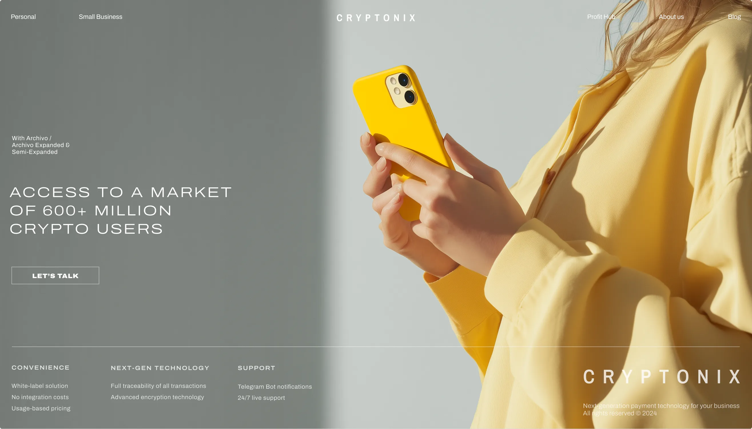 Cryptonix landing page hero — access to a market of 600+ million crypto users