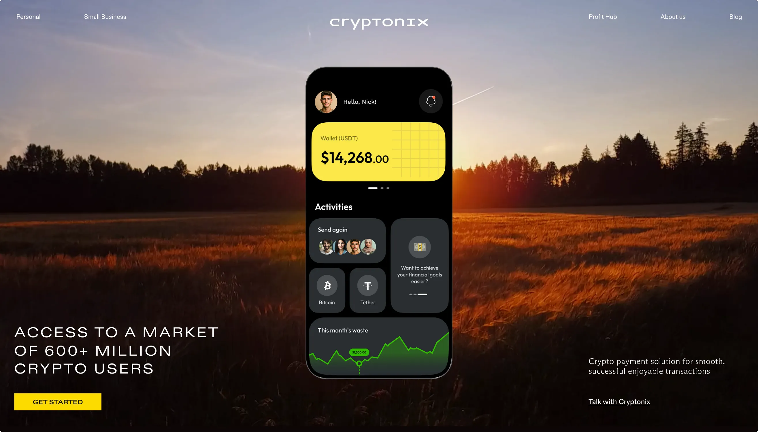 Cryptonix mobile app over a sunset landscape backdrop