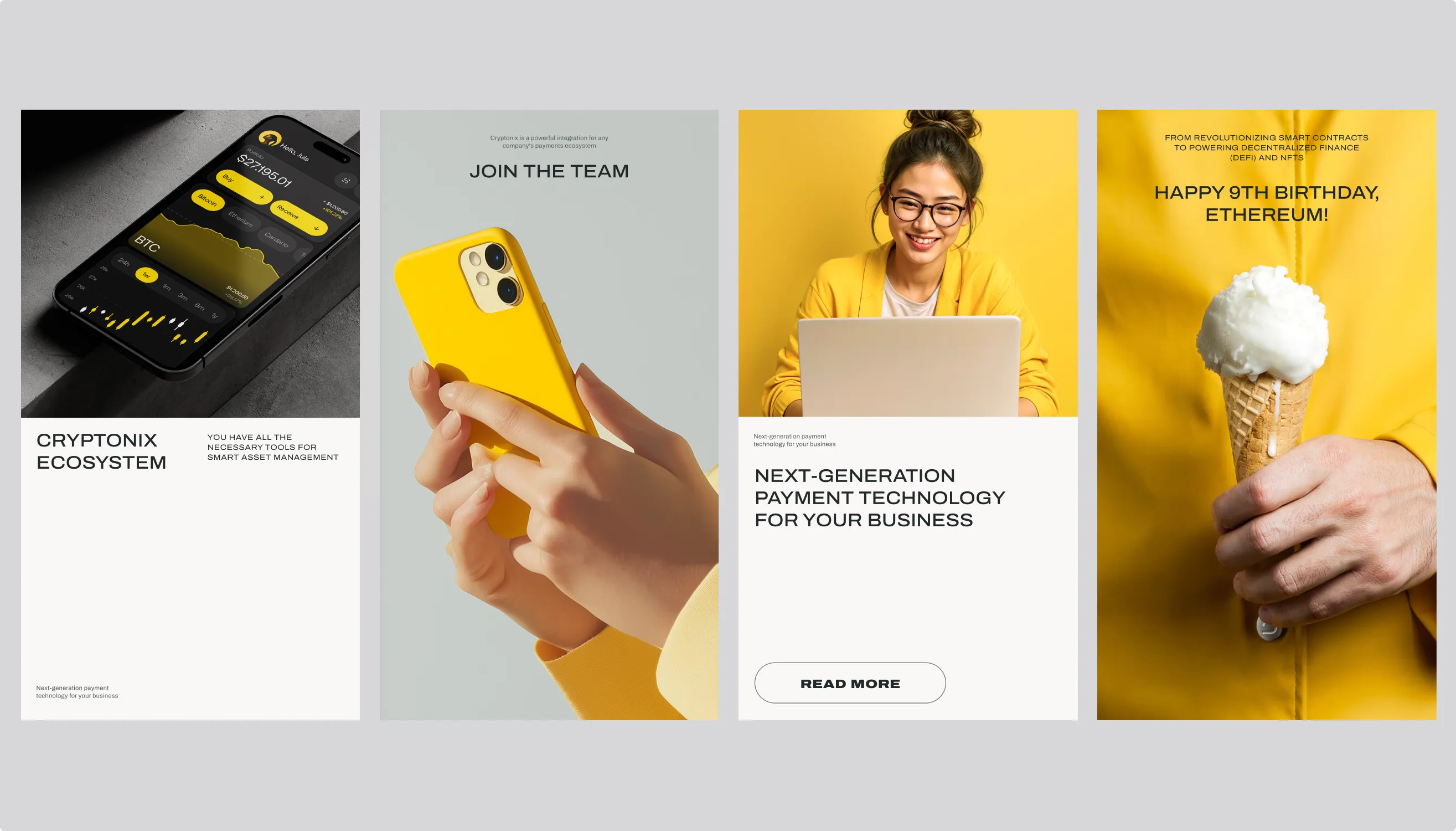 Cryptonix brand collateral — payment cards, branded tote bag, and blog cards