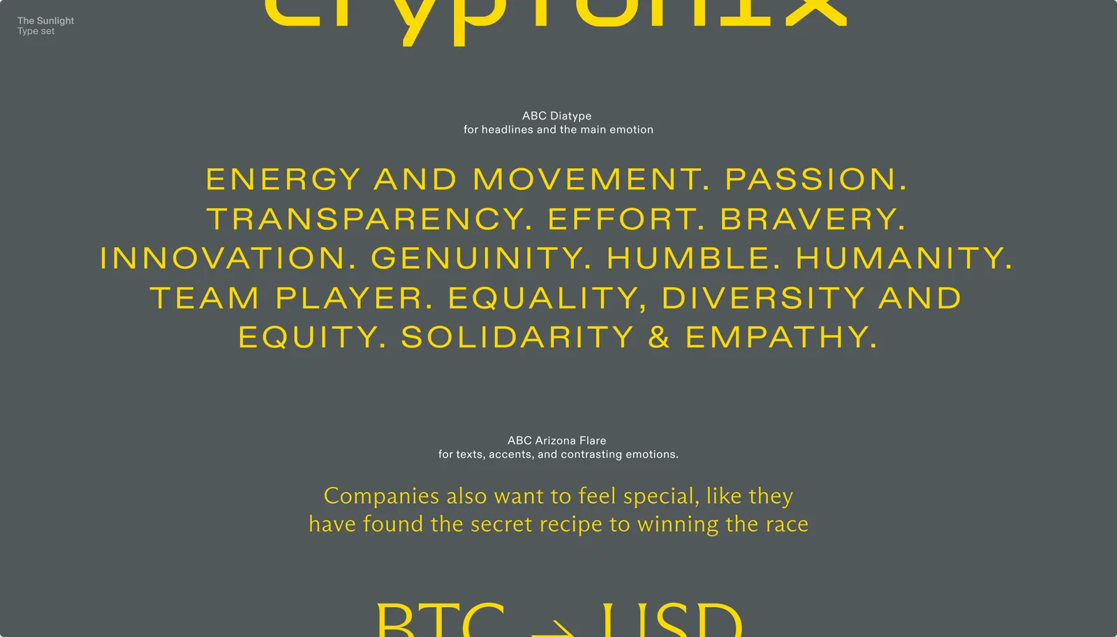 Cryptonix values wall on black — energy, movement, passion, transparency, and support