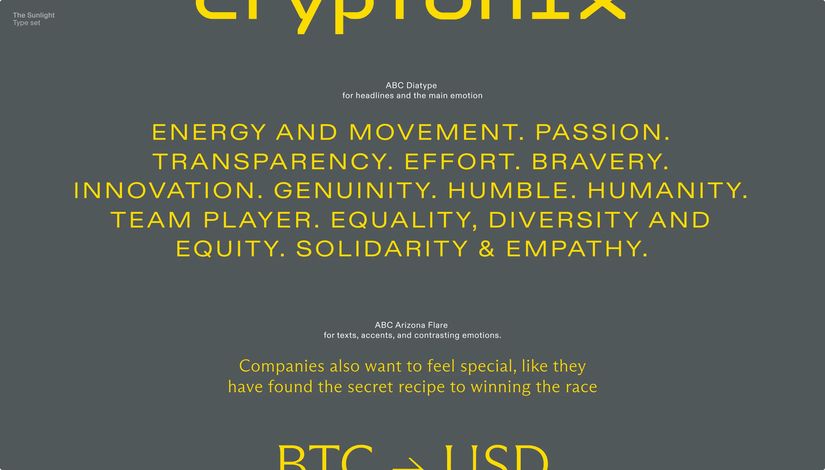 Cryptonix values wall on black — energy, movement, passion, transparency, and support