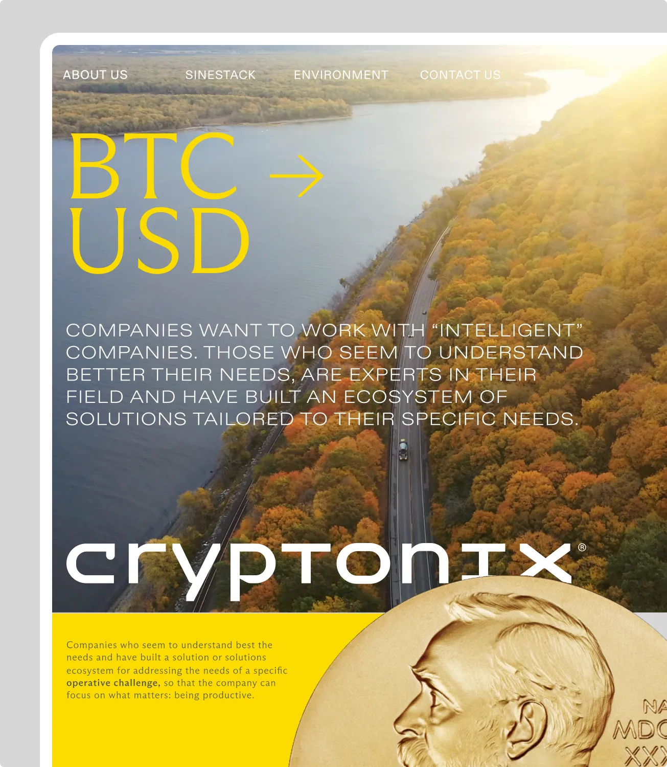 Cryptonix BTC to USD panel over an autumn forest road — companies want intelligent partners