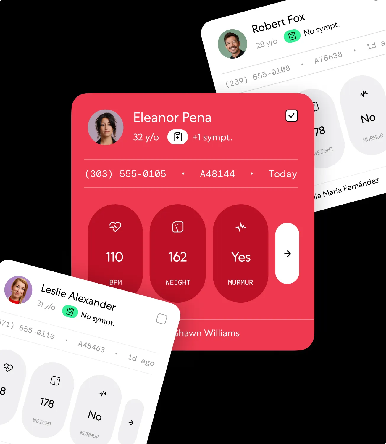 Eko patient record cards — Eleanor Pena, 32 y/o, with BPM, weight and murmur metrics — floating on black