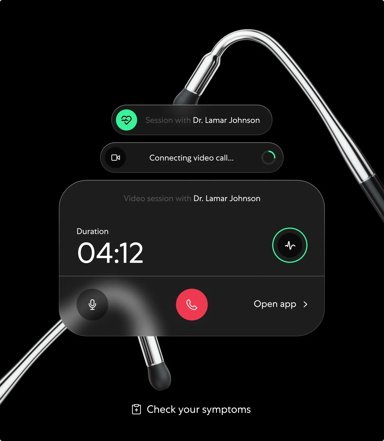 Stethoscope on black with a Video session with Dr. Lamar Johnson UI card, duration 04:12 and call controls