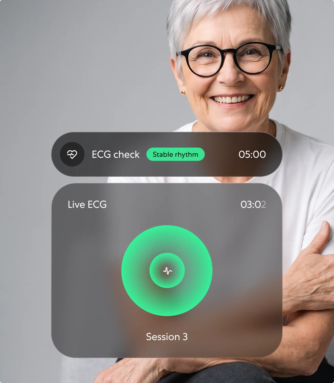 Smiling older woman holding a device, with an ECG check — Live ECG Session 3 overlay and a green pulse animation
