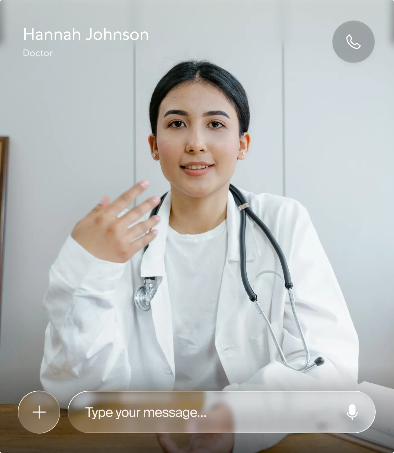 Video-call screen with doctor Hannah Johnson, a Type your message input and a call button