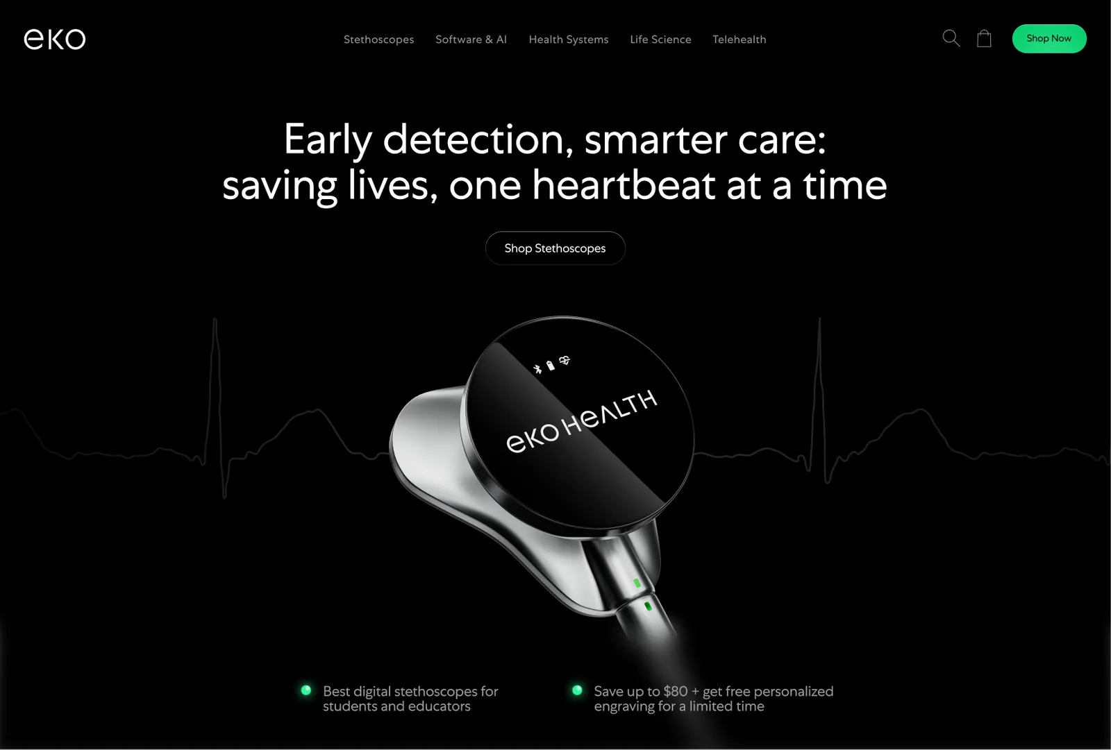 Eko marketing-site hero — Early detection, smarter care: saving lives, one heartbeat at a time — with a stethoscope head over an ECG line, dark