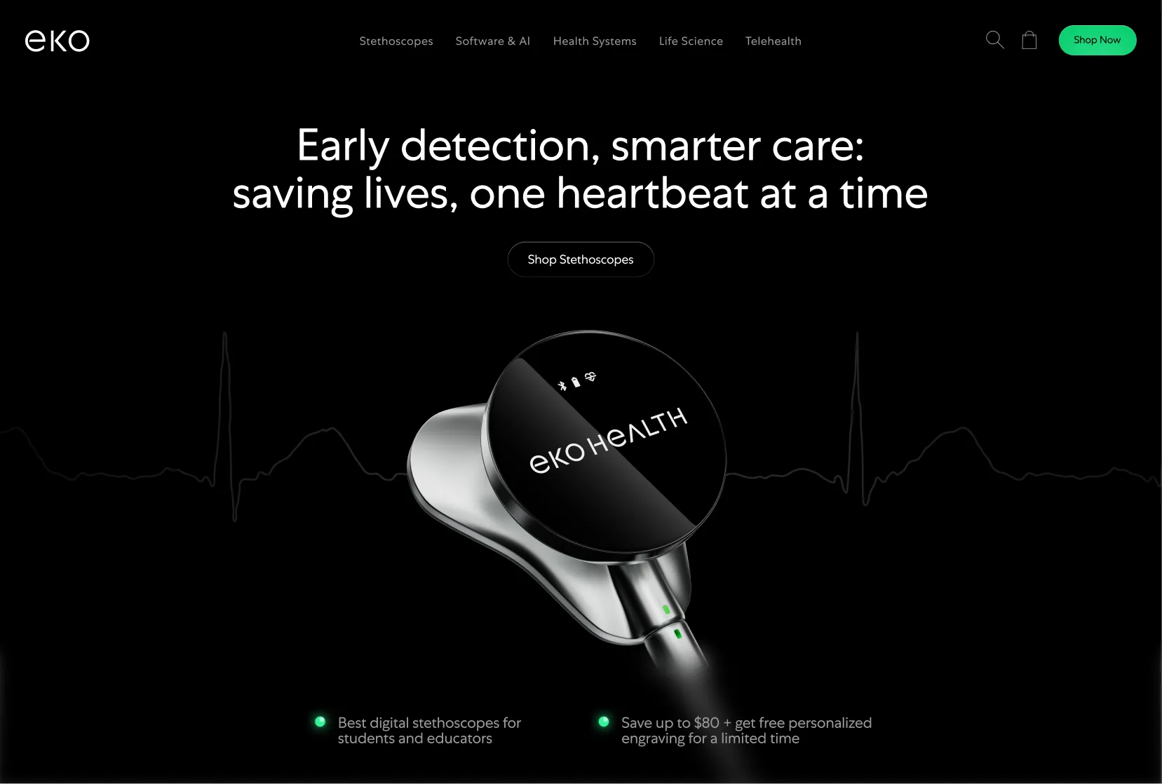 Eko marketing-site hero — Early detection, smarter care: saving lives, one heartbeat at a time — with a stethoscope head over an ECG line, dark
