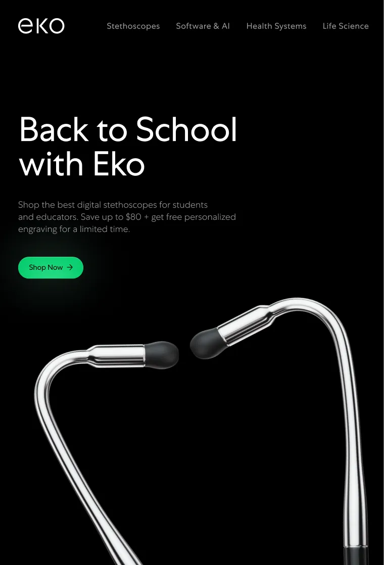 Eko Back to School with Eko website promo screen with a chrome stethoscope, dark